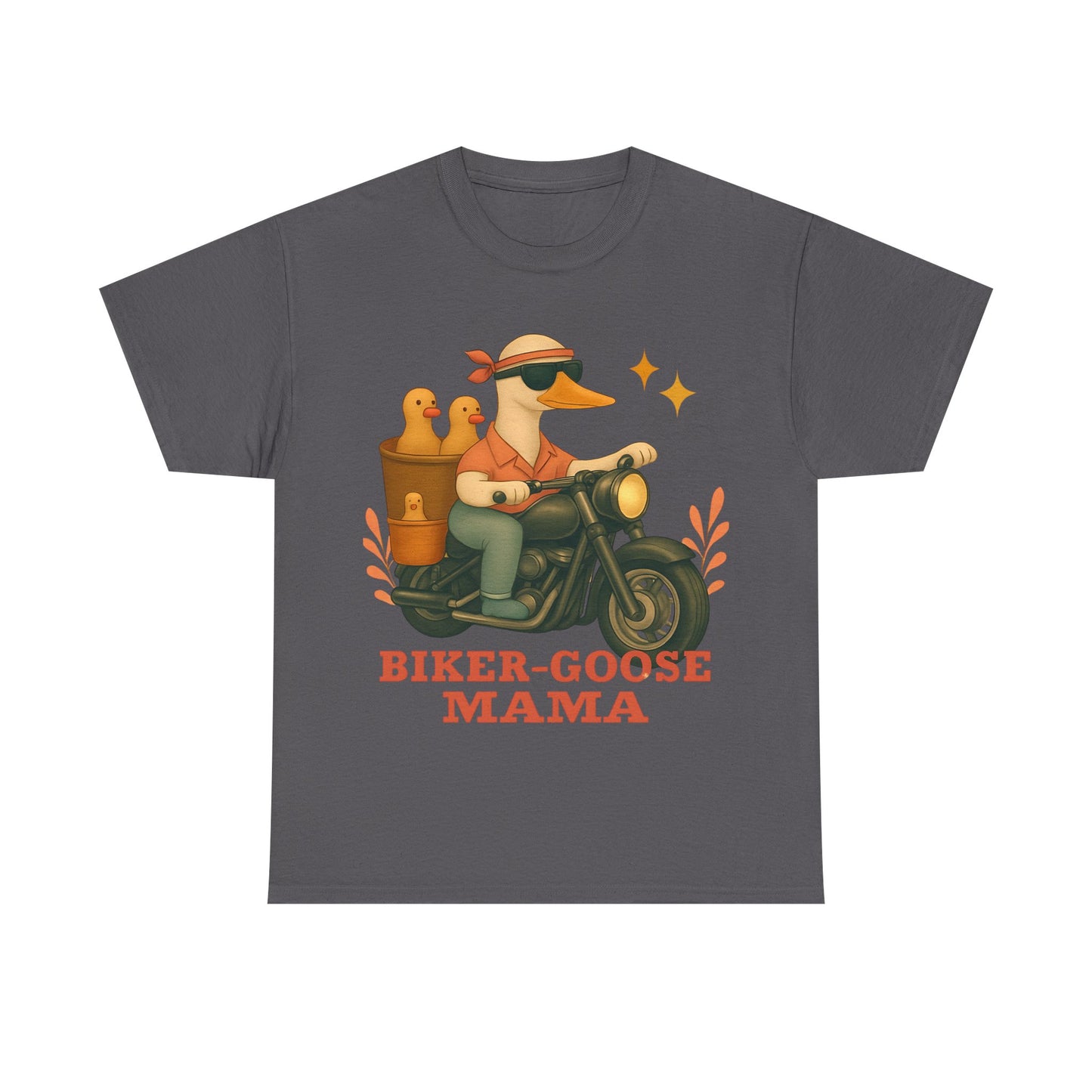 Silly Goose Biker Tee, a fun and quirky tee for those who love motorcycles and geese, silly goose fan club.