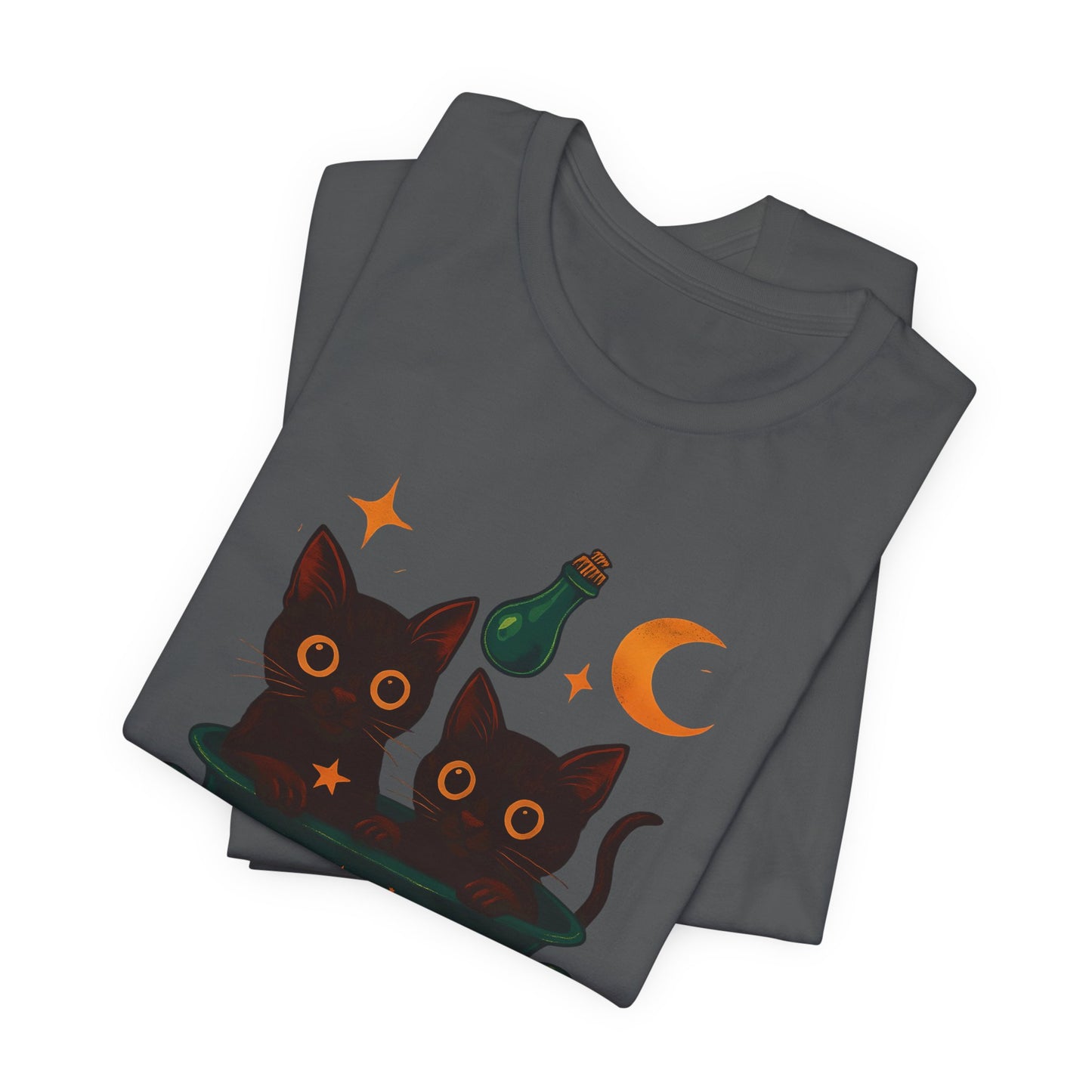 Brew Up Some Trouble Cat Witchy T-shirt, The seamless blend of mystical charm and humor makes this shirt a must-have for any lover of cute Halloween cat apparel.