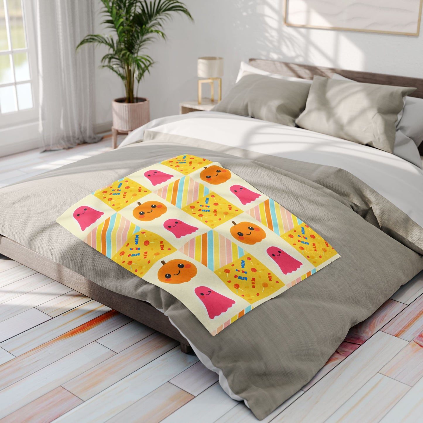 Halloween Ghosty Pumpkin Sweets Fleece Blanket, Perfect for snuggling during chilly nights,a cherished piece of spooky season decor.