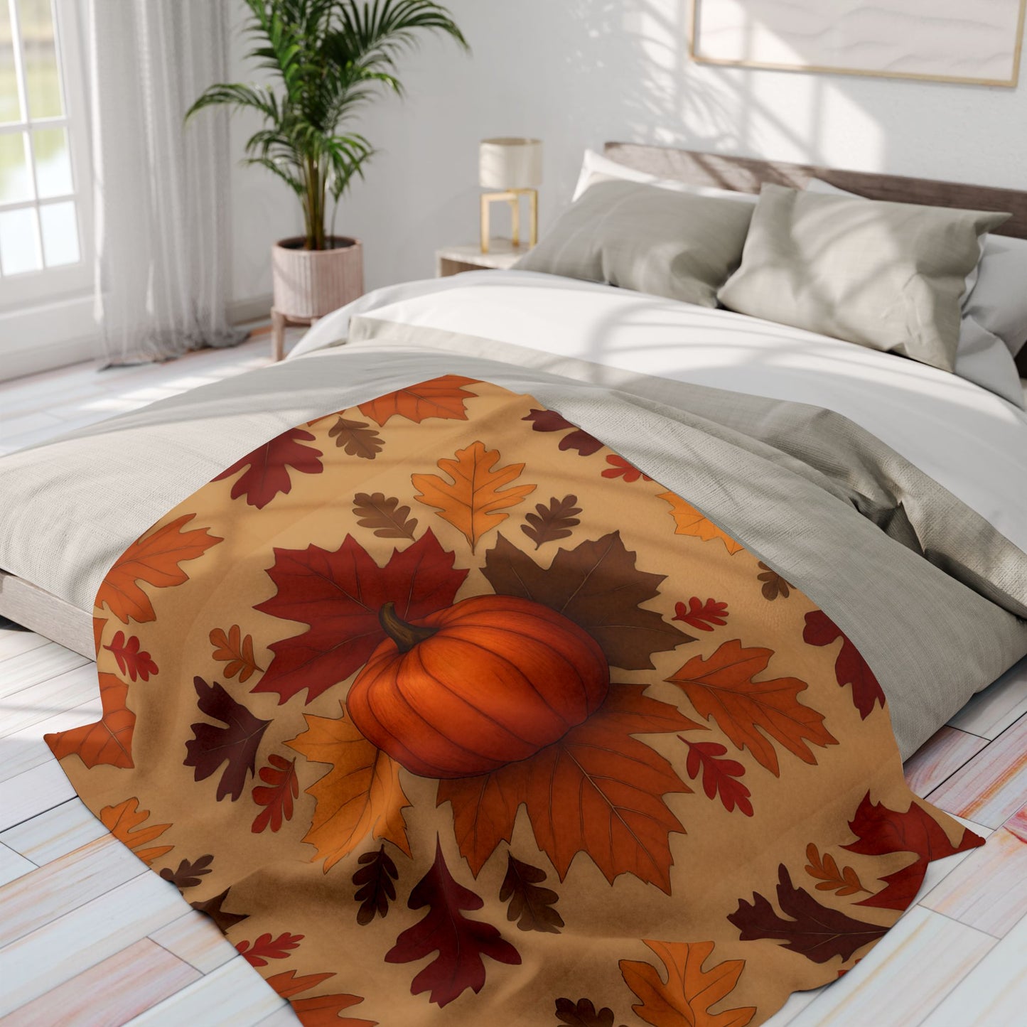 Autumn Leaves and Pumpkin Blanket, this comfy blanket is an autumn symphony for your senses. Perfect as a snuggle blanket for chilly nights or an elegant addition to your autumn decorations.