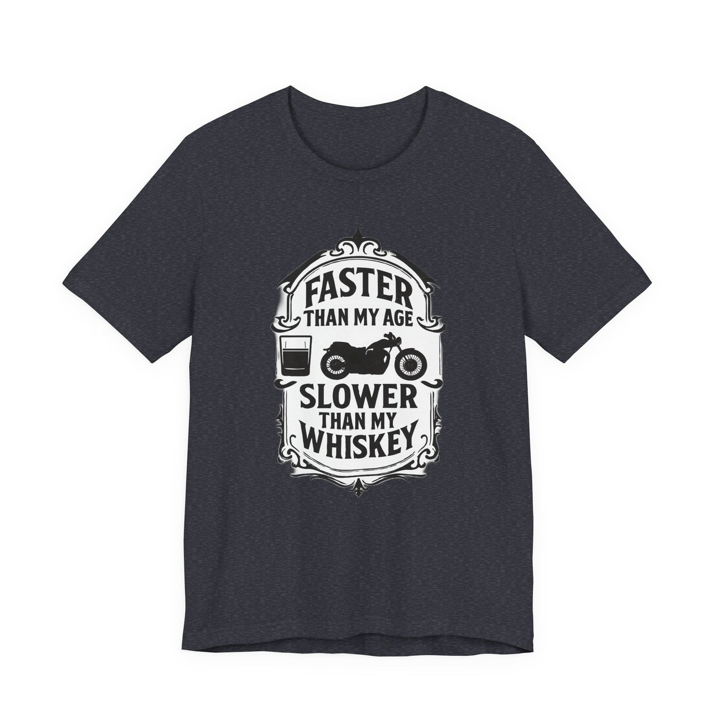 Faster Than My Age Slower Than My Whiskey T-shirt, This vintage-inspired motorbike tee is a salute to the open road, perfect as both biker apparel and a distinctive biker gift
