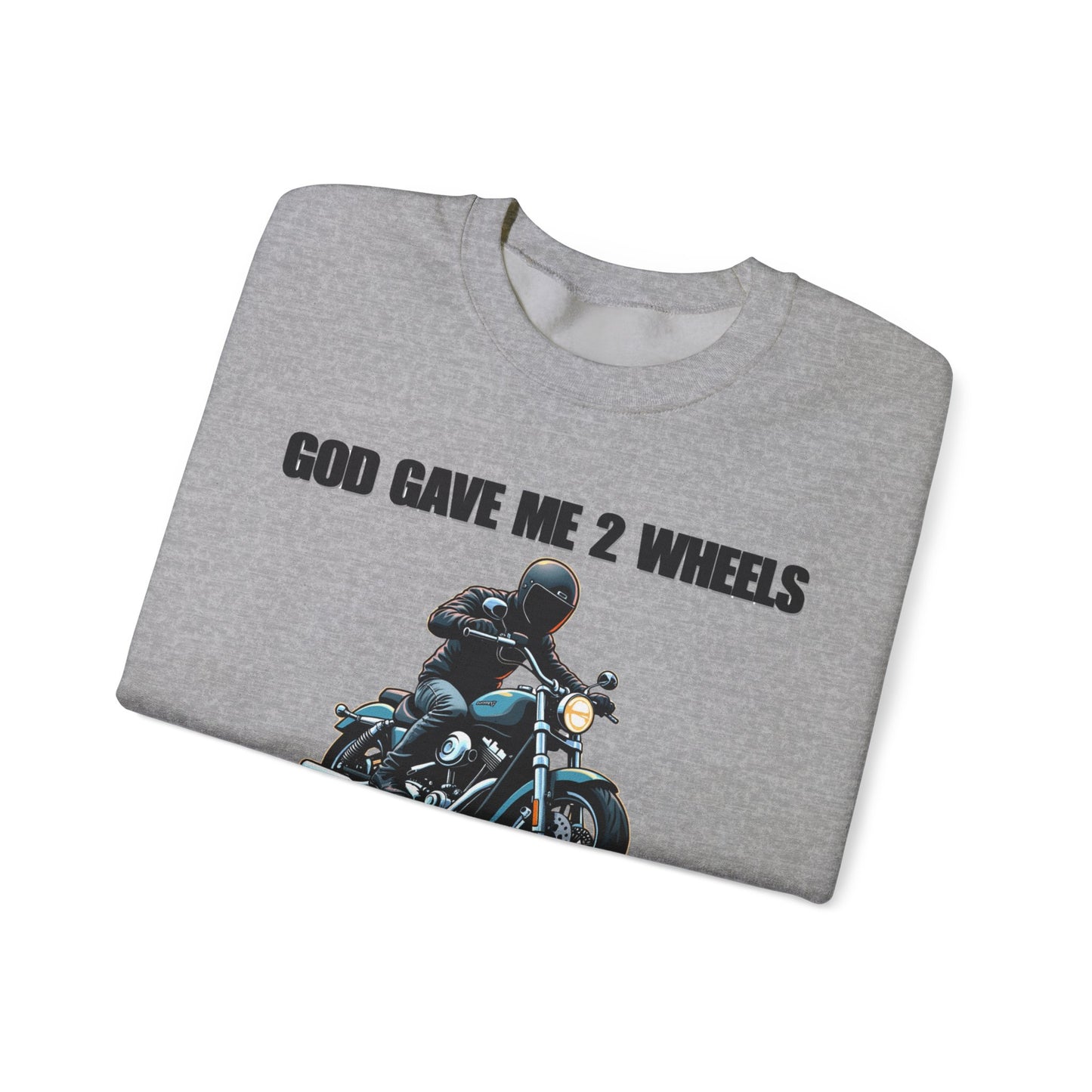 God Gave Me 2 Wheels Sweatshirt, The light-hearted motorcycling-themed graphic adds a fun twist, making it the perfect companion for casual outings or bike rides.