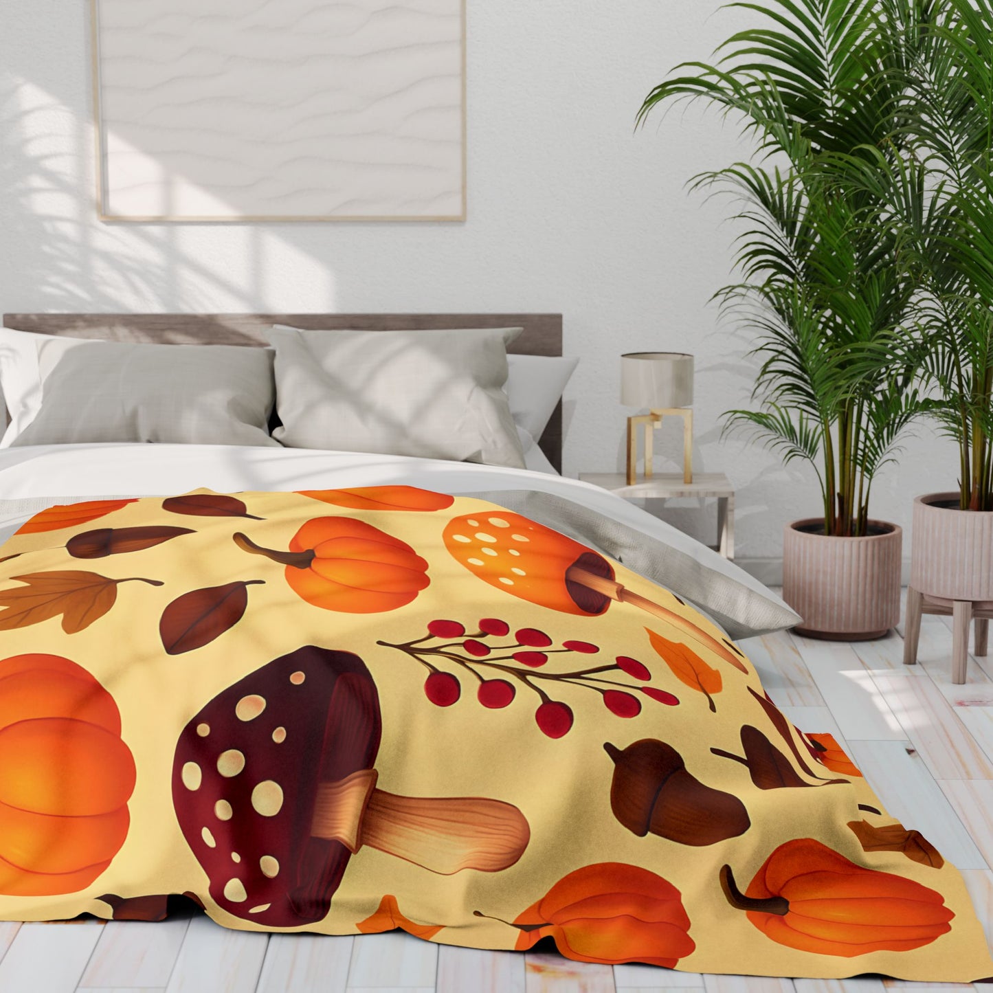 Cozy Autumn Pumpkin Blanket, This plush, cozy fleece blanket captures the essence of the season with its vibrant pumpkin and shroom motifs.