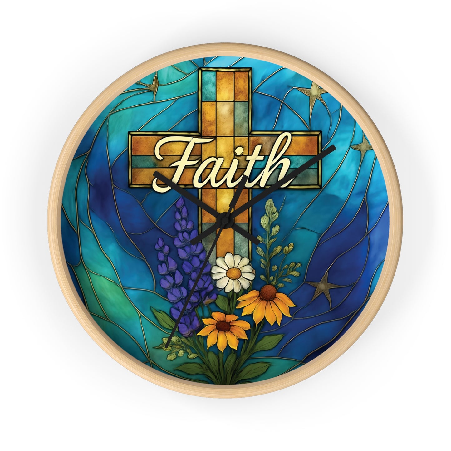 Christianity Faith Cross Stained Glass Effect Wall Clock, Perfect as a Christian clock or as thoughtful Christianity gifts.