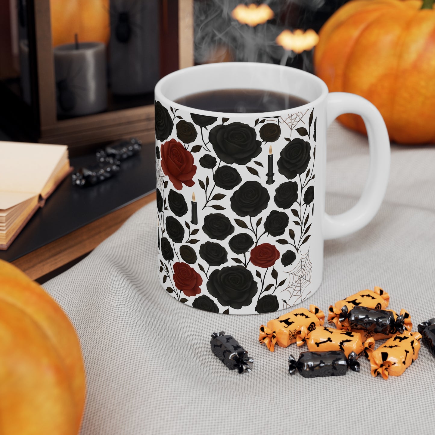 Gothic Rose Halloween Mug, a mystical blend of elegance and enchantment,adorned with intricately designed roses, making every sip feel like a spellbinding experience, Perfect for your morning brew.