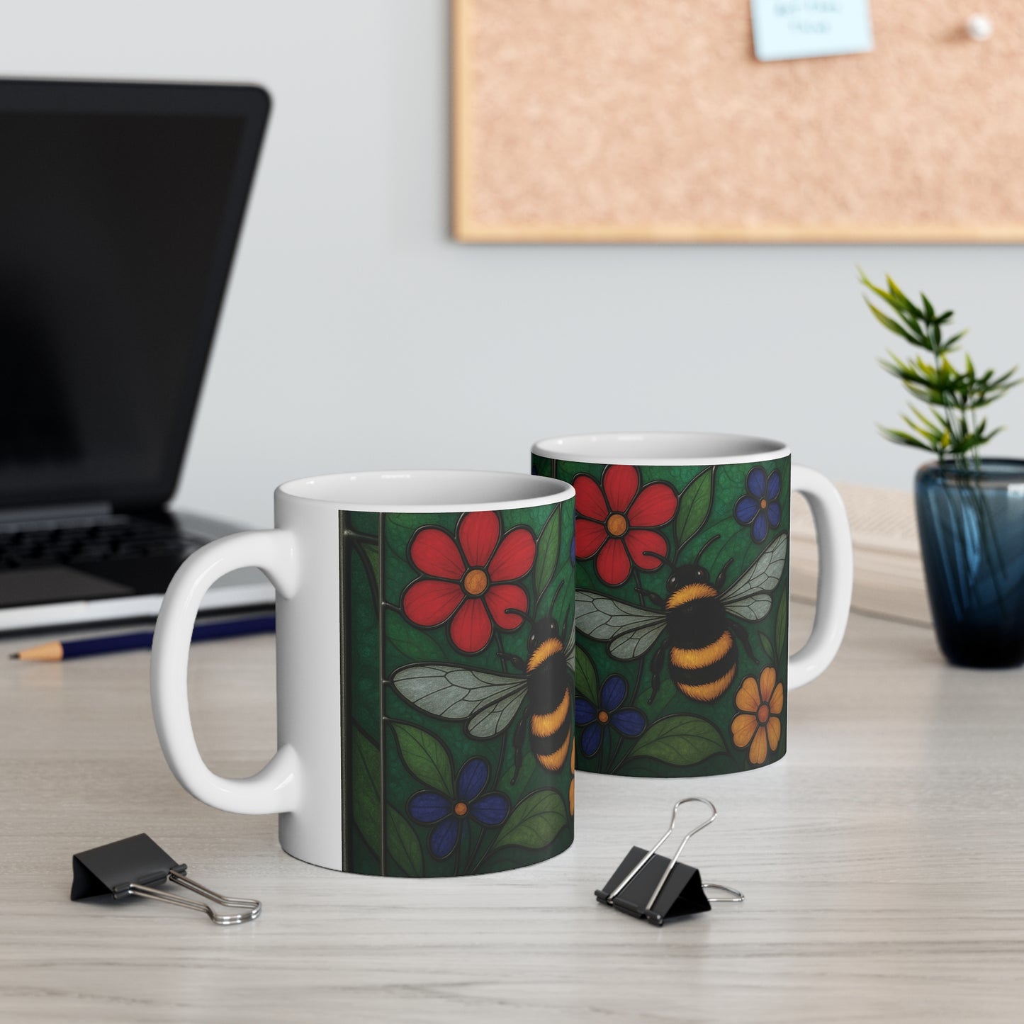 Bumblebee Mug Stained Glass Effect, Perfect for any bee lover, this bee coffee mug captures the delicate beauty of a bustling garden scene, making it an ideal bee lover gift or beekeeper gift.