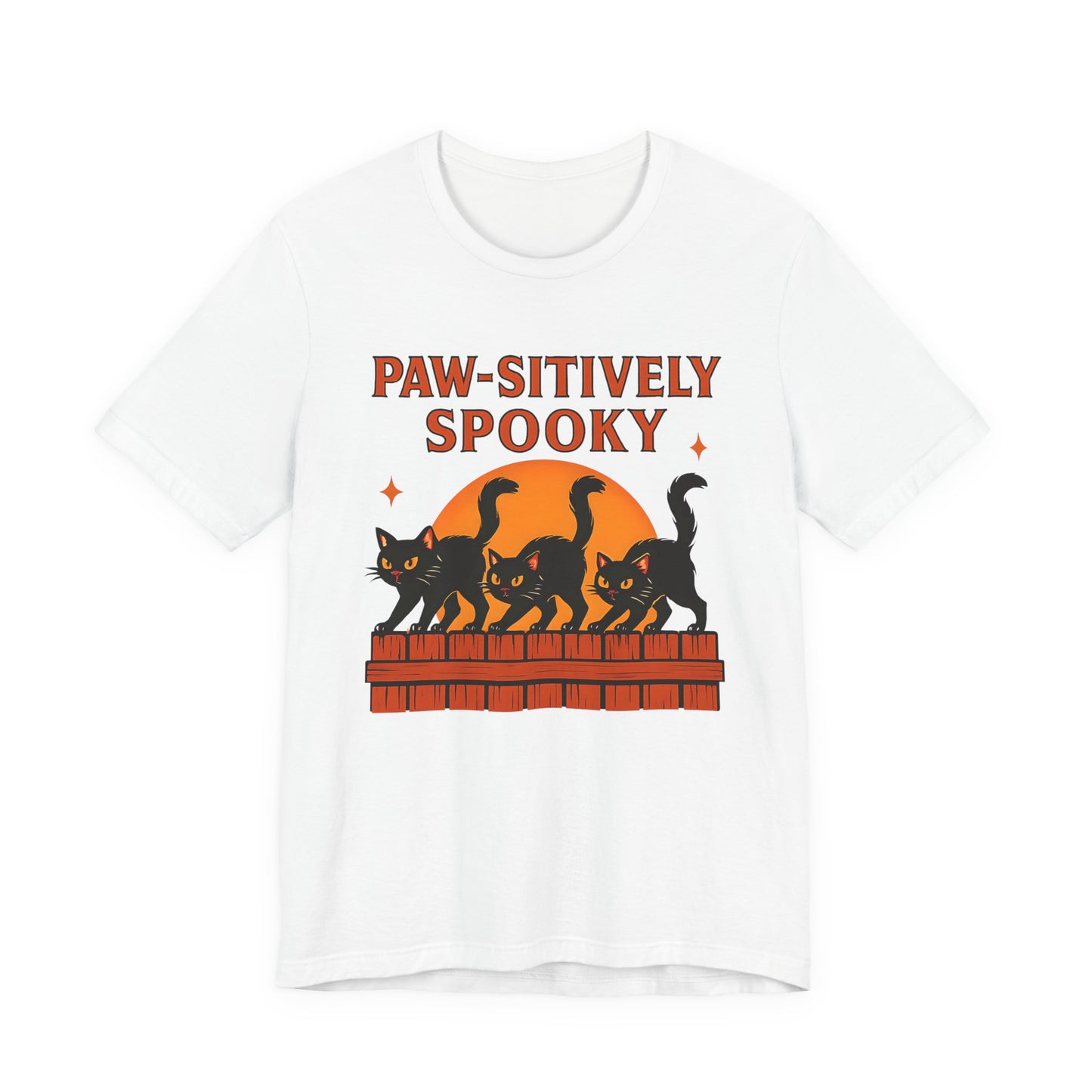 Paw-sitively Spooky Cat Tshirt, Whether you're a devoted cat dad or gifting it to a feline-loving friend, this cute Halloween cat apparel spreads pawsitive vibes with its blend of spooky black cats and cheeky charm.