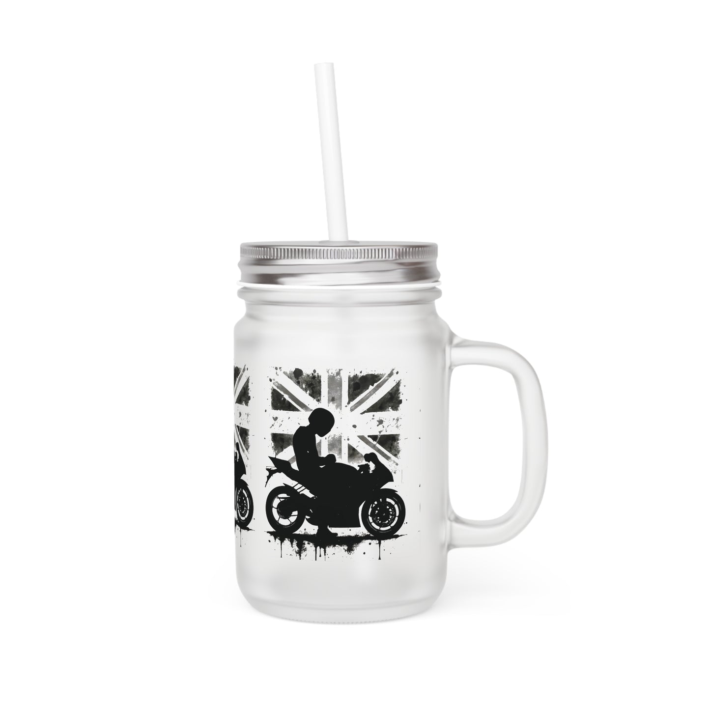 Union Jack Mason Jar with Straw, great Biker Dad Gift idea.
