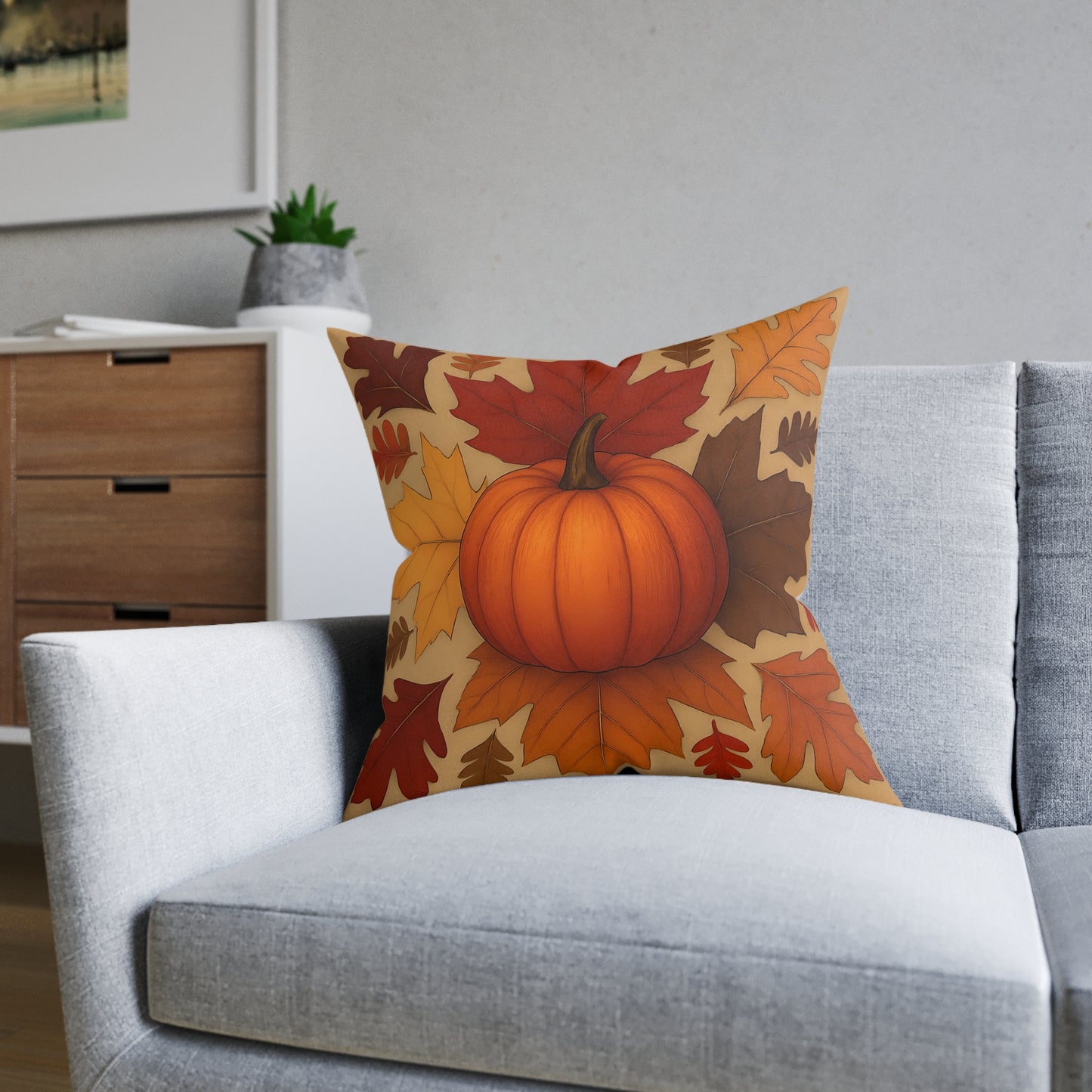 Autumn Leaves and Pumpkin Cushion, This autumn pillow cover captures the essence of "hello autumn" with its vibrant orange tones and delightful pumpkin design.