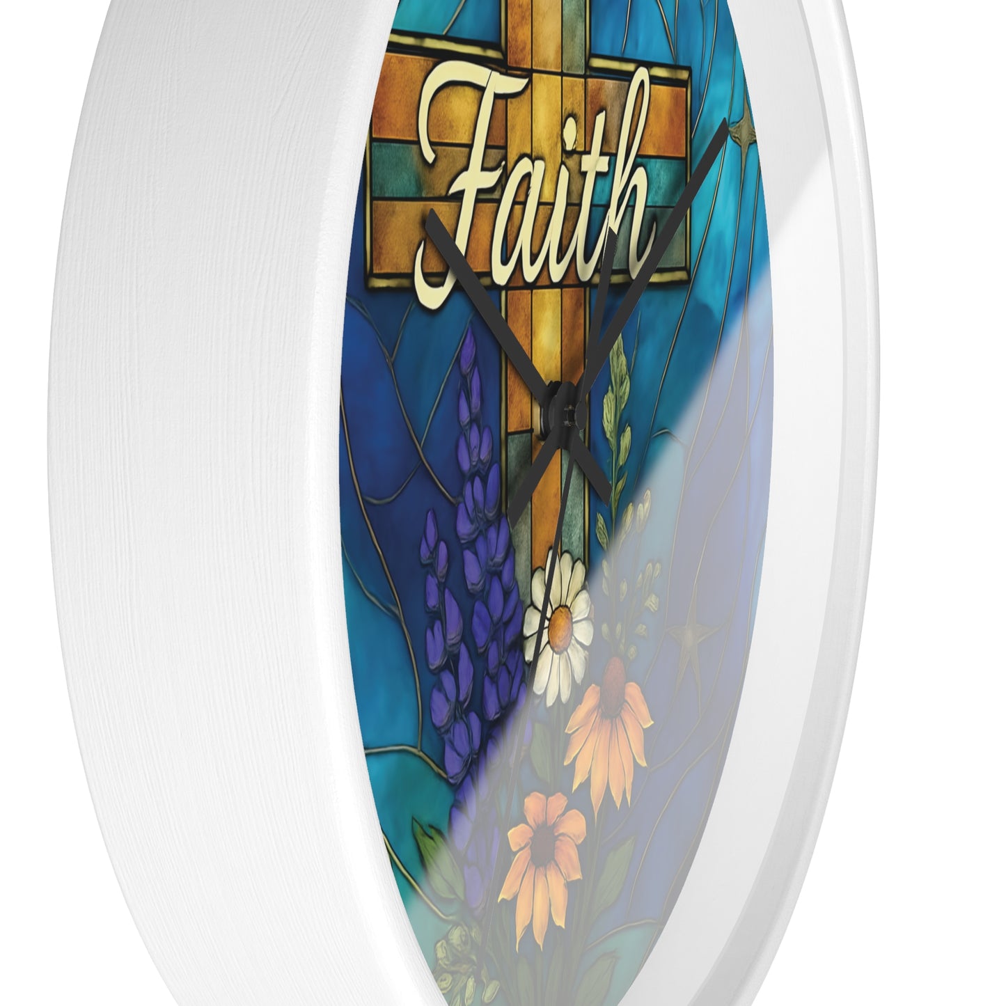 Christianity Faith Cross Stained Glass Effect Wall Clock, Perfect as a Christian clock or as thoughtful Christianity gifts.