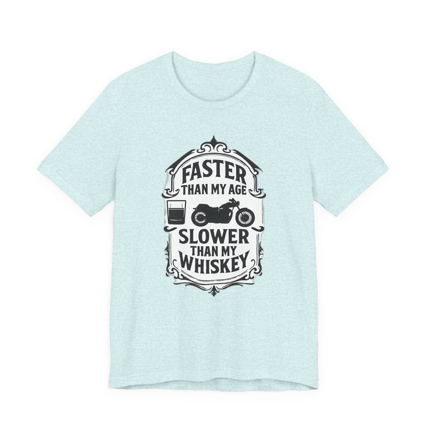 Faster Than My Age Slower Than My Whiskey T-shirt, This vintage-inspired motorbike tee is a salute to the open road, perfect as both biker apparel and a distinctive biker gift