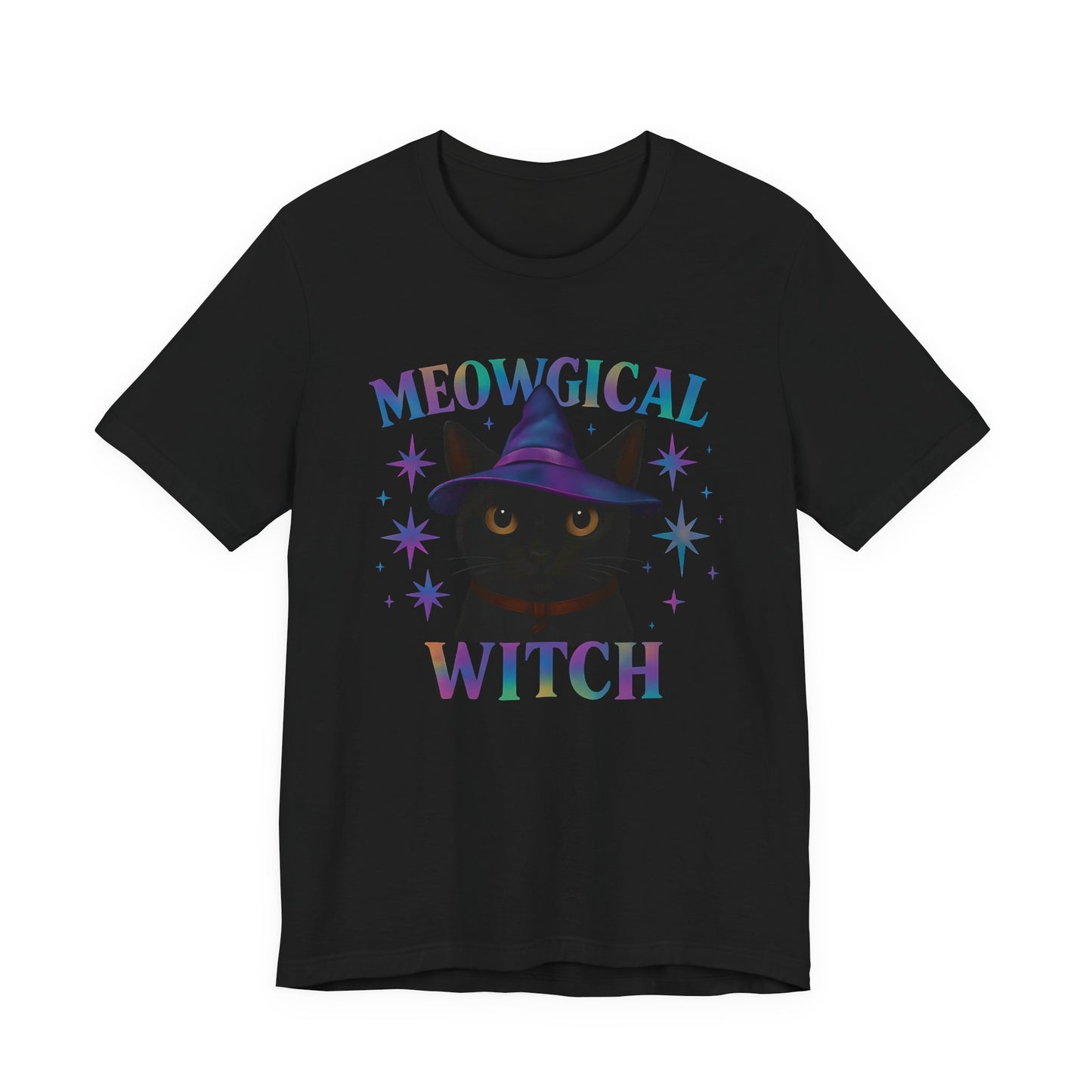 Meowgic Witch, This tee captures the essence of magical cat allure with its holographic cat design, bringing the bewitching appeal of black cats magic straight into your wardrobe