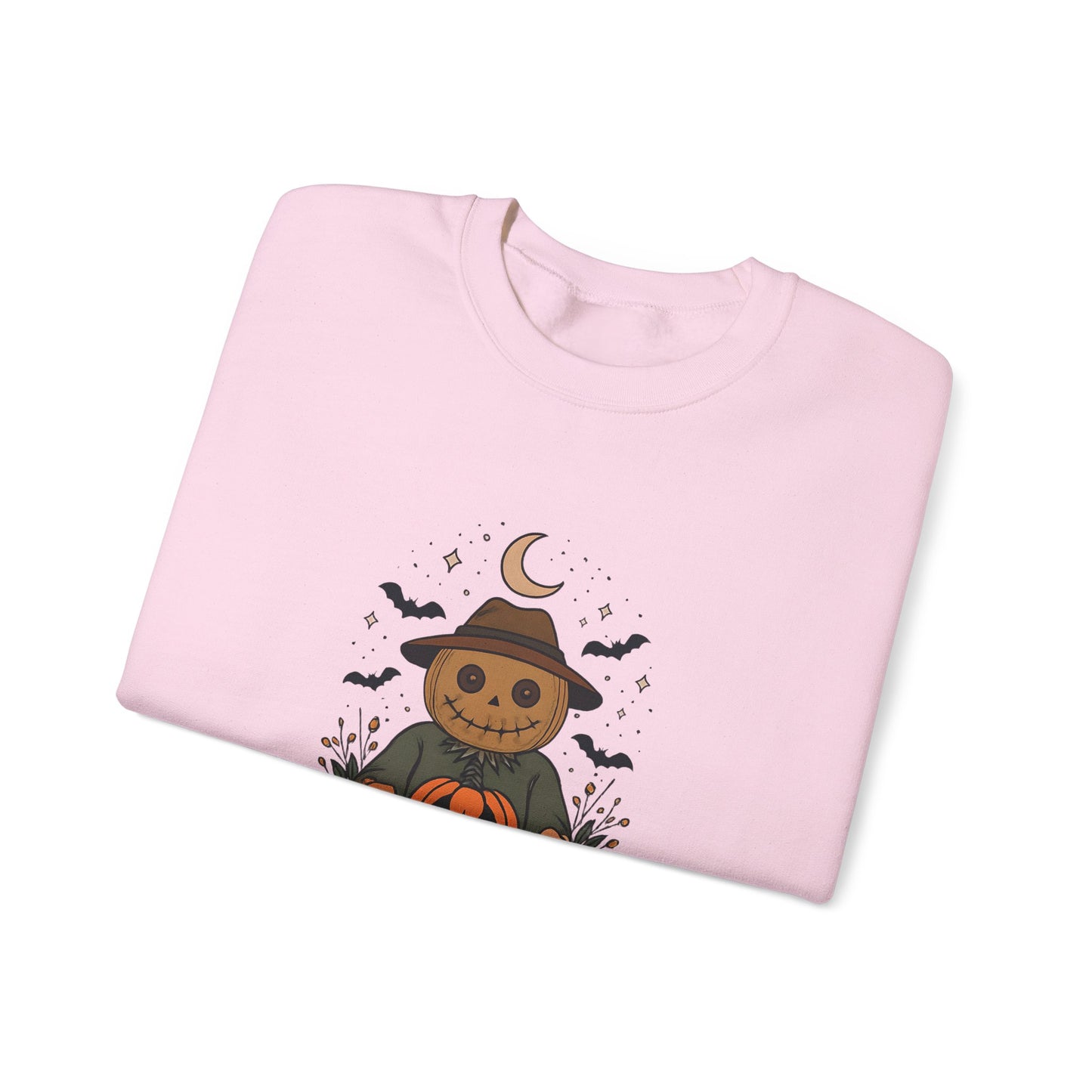 Cozy Halloween Sweatshirt with Scarecrow Design, The playful design featuring a whimsical scarecrow and autumnal elements creates a cheerful vibe, perfect for adding a festive touch to your wardrobe.