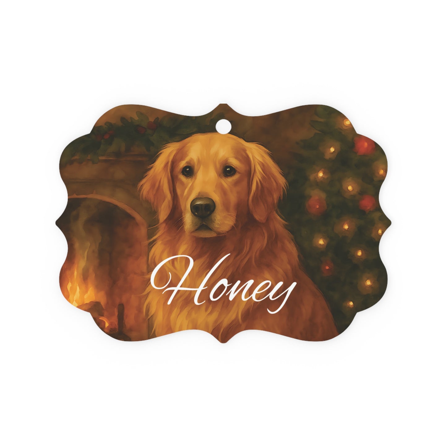 Festive Gold Retriever Tree Ornament, this metal tree ornament wonderfully captures the spirit of your beloved family dog.