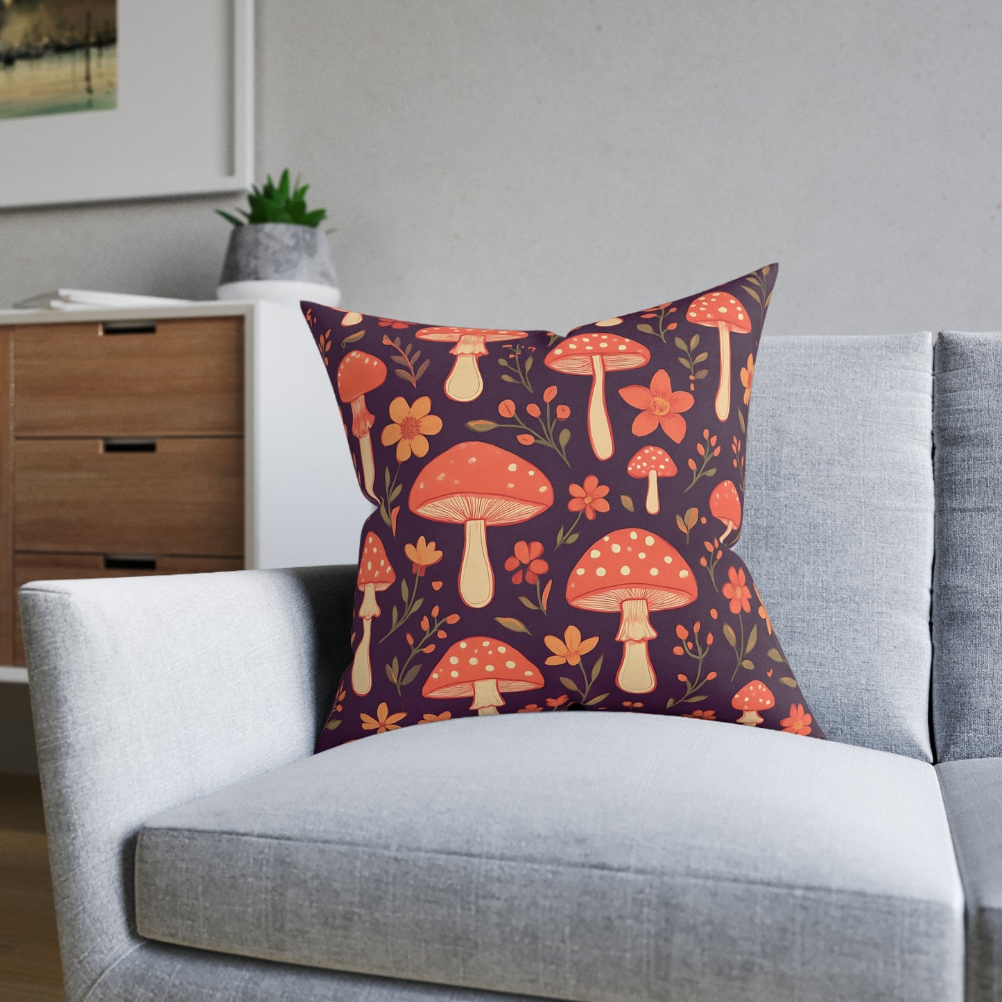 Mushroom Pillow, Perfect as a throw pillow cushion, it transforms any space with its soft plum hue and charming shroom motif, inviting warmth and comfort into your home.