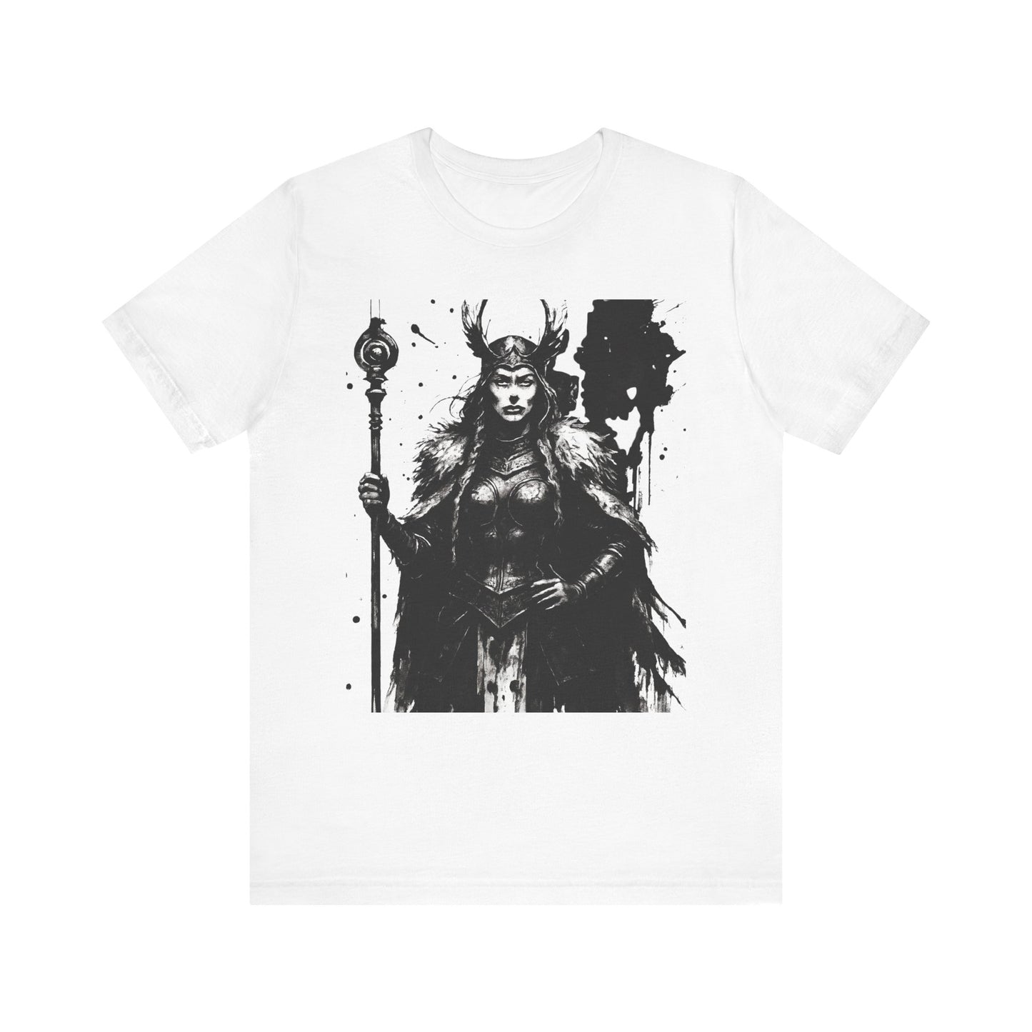Frigg Norse Goddess T-shirt, captures the essence of Frigg, the revered Norse goddess, renowned in Nordic mythology as the embodiment of foresight and wisdom.