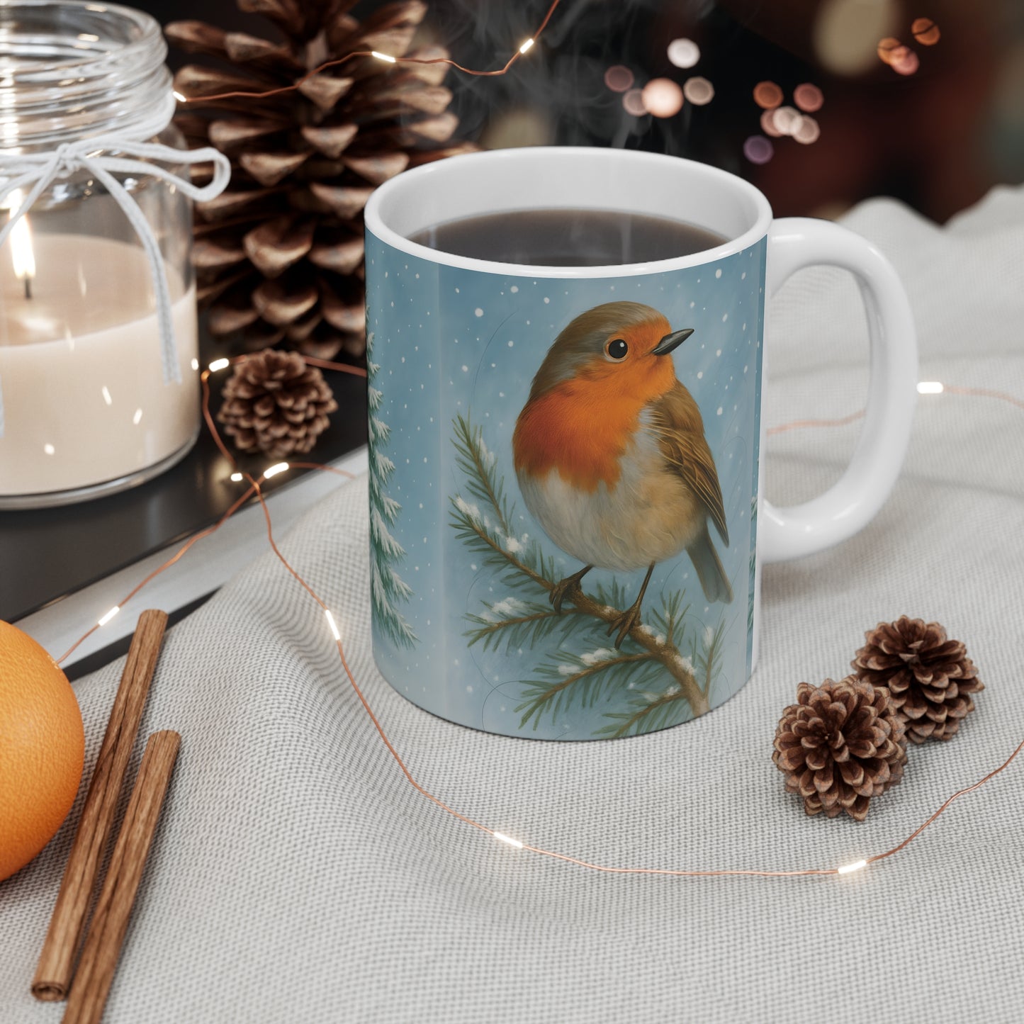 Winter Robin Coffee Mug, This enchanting festive mug captures the essence of Christmas with its charming illustration of a winter robin.robin coffee mug