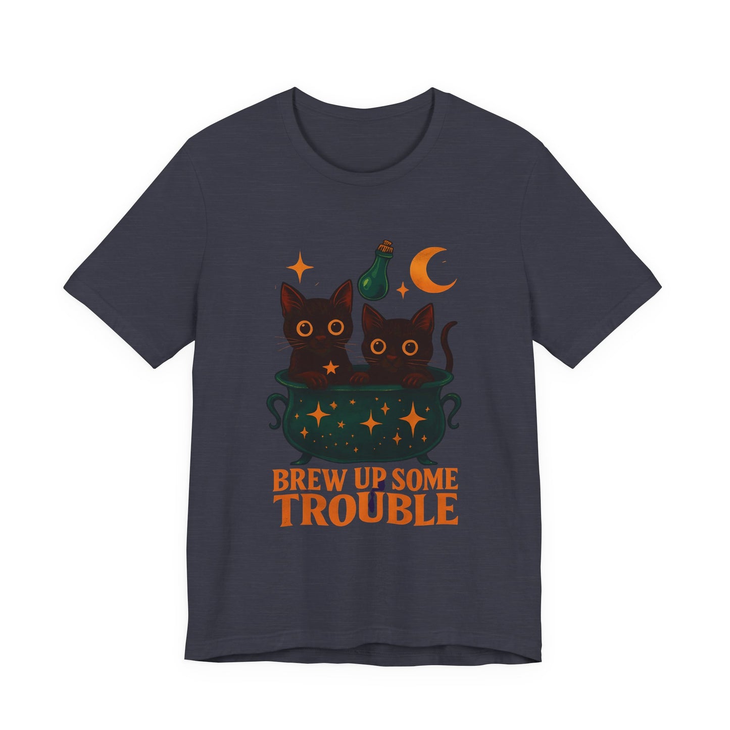 Brew Up Some Trouble Cat Witchy T-shirt, The seamless blend of mystical charm and humor makes this shirt a must-have for any lover of cute Halloween cat apparel.