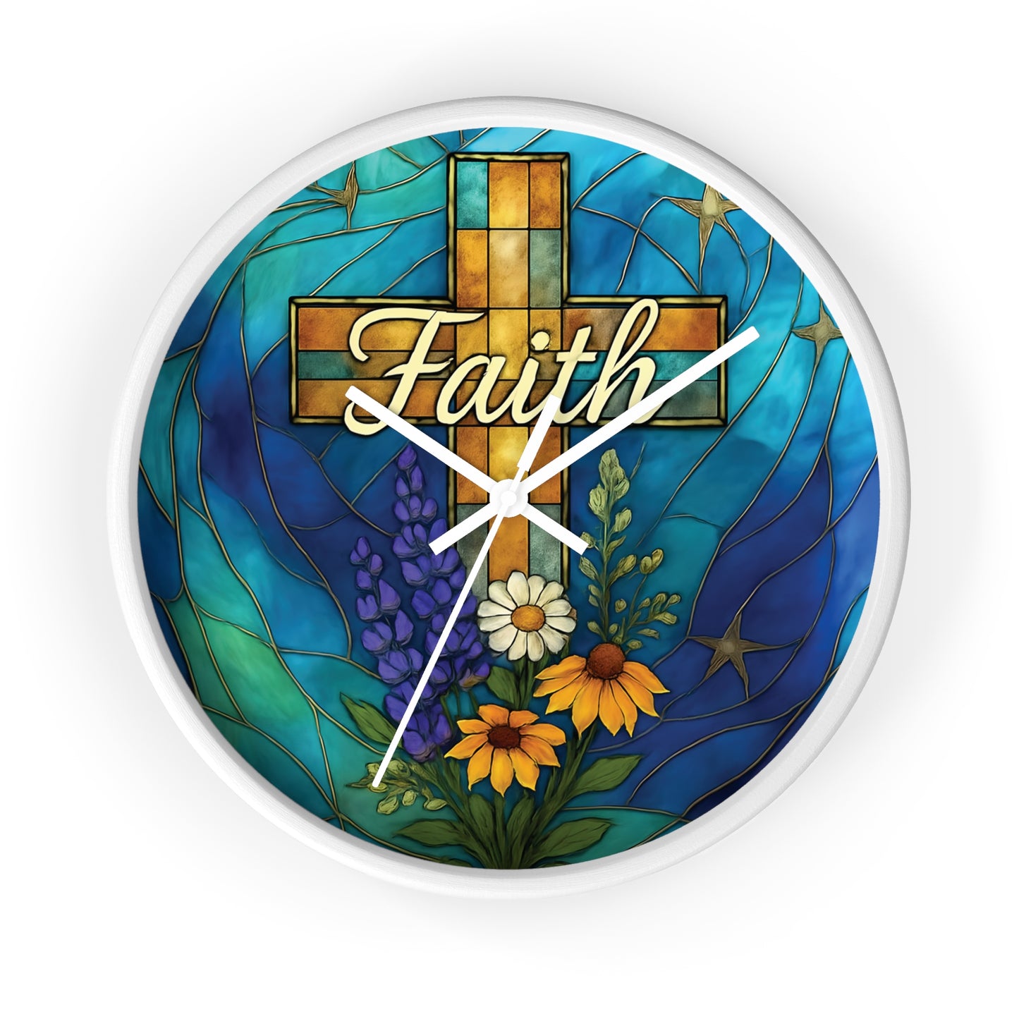 Christianity Faith Cross Stained Glass Effect Wall Clock, Perfect as a Christian clock or as thoughtful Christianity gifts.