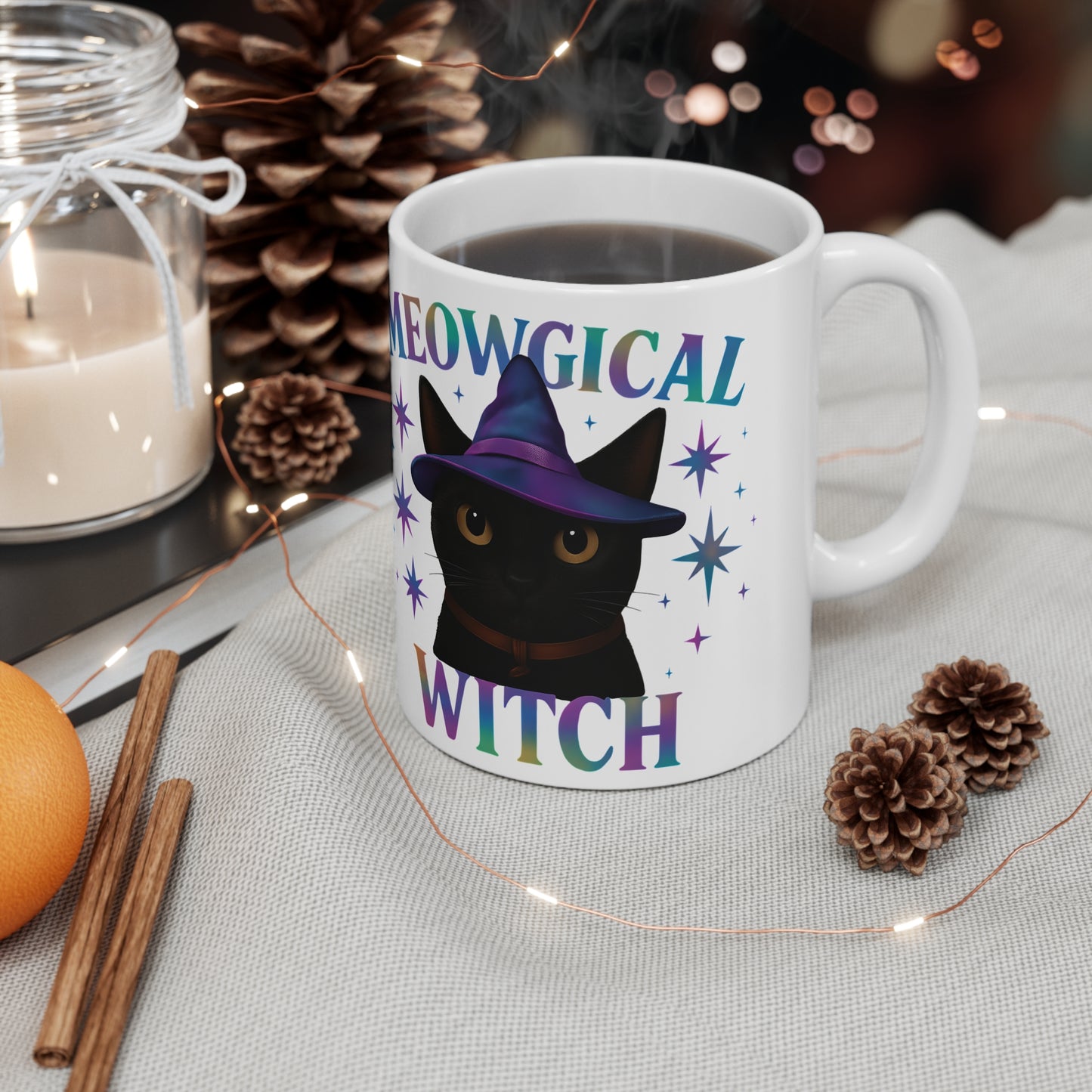 Meowgic Witch Cat Mug, This enchanting black cat mug casts a spell of delight with its whimsical design, complete with a meowgical cat adorned in witch hat.