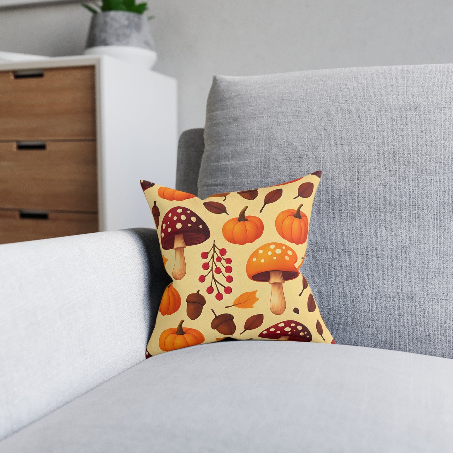Pumpkin Mushroom Autumn Pillow, with its playful design featuring a cozy pumpkin and whimsical mushroom, perfect for embracing Hello Autumn.