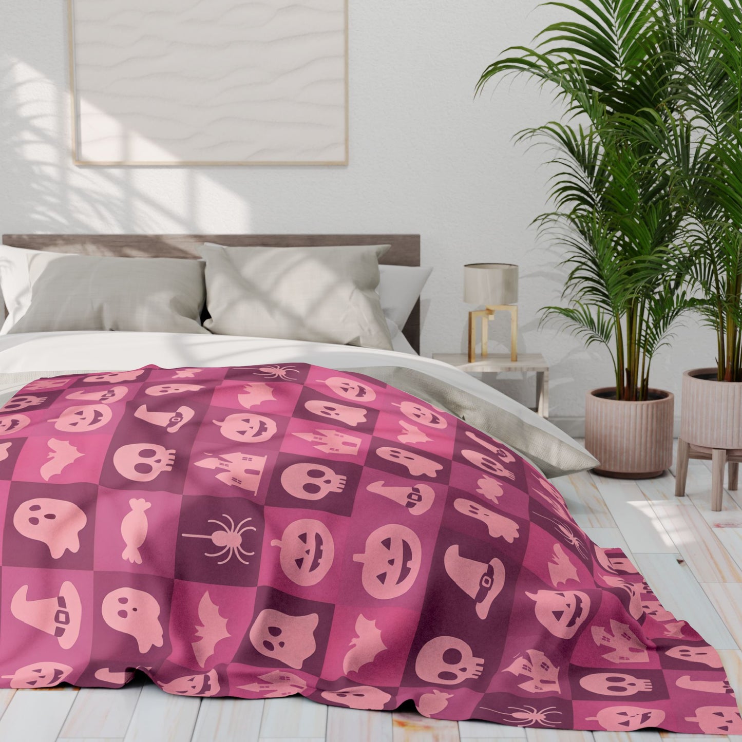 Spooky Pink Halloween Blanket, perfect for adding a unique twist to your seasonal decor. Drape this plush pink ghost blanket over your sofa to invite a cozy, festive warmth