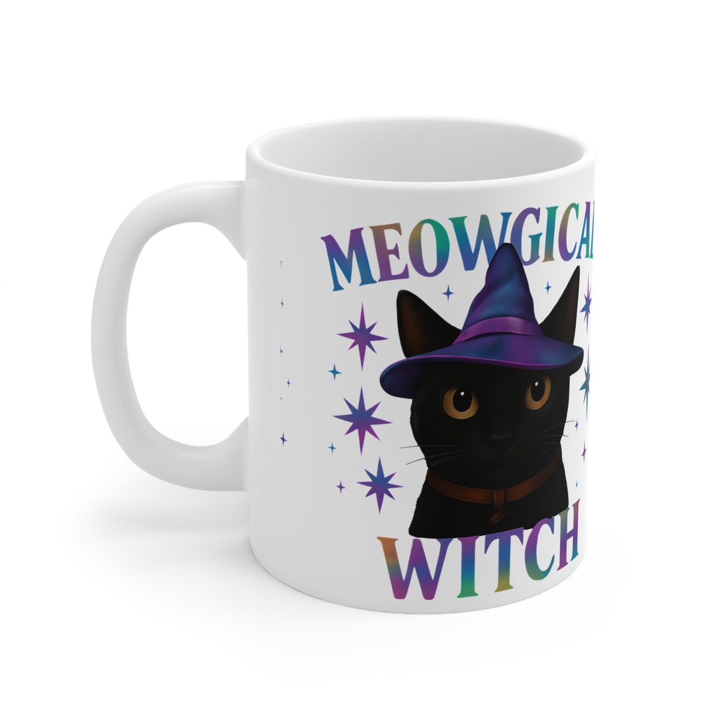 Meowgic Witch Cat Mug, This enchanting black cat mug casts a spell of delight with its whimsical design, complete with a meowgical cat adorned in witch hat.