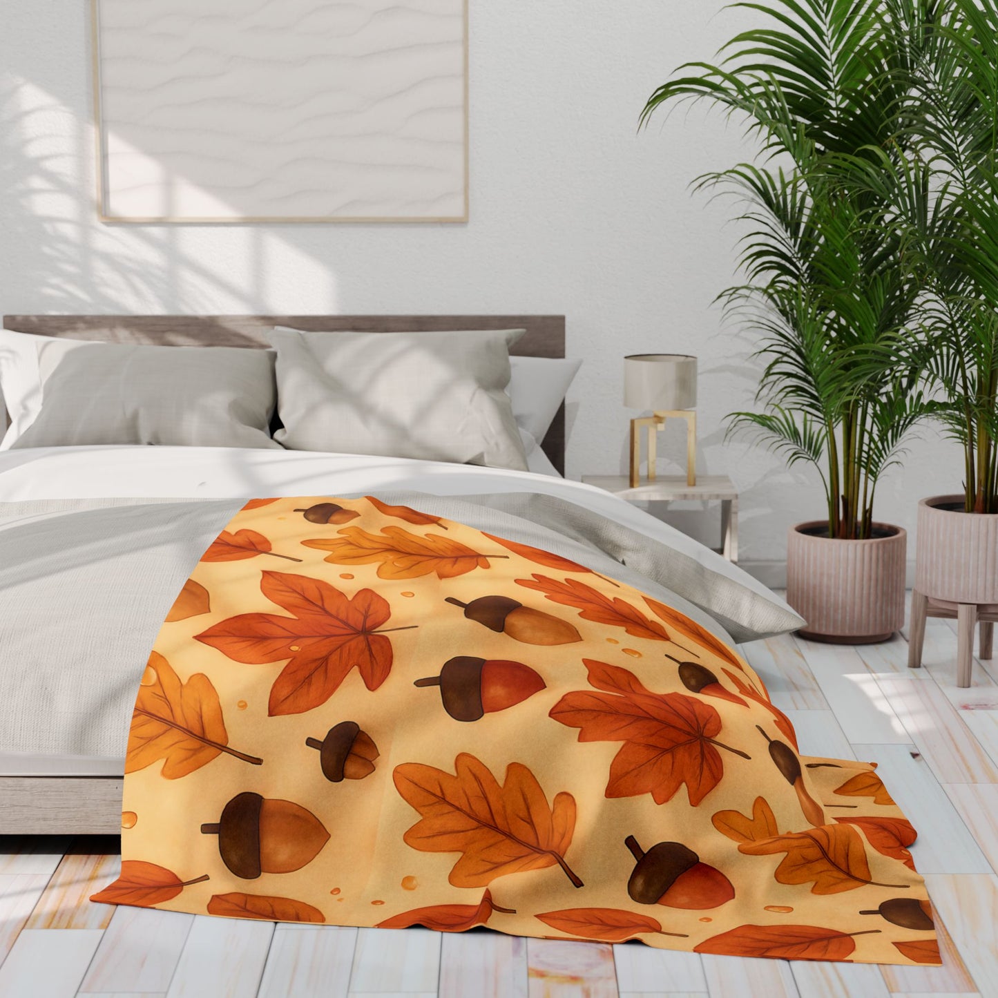 Autumnal Leaf Blanket Throw, This soft cozy blanket, adorned with intricate oak leaf acorn patterns, seamlessly captures the essence of the autumn eason