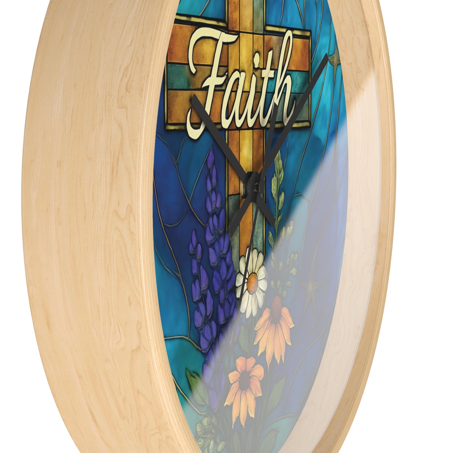 Christianity Faith Cross Stained Glass Effect Wall Clock, Perfect as a Christian clock or as thoughtful Christianity gifts.