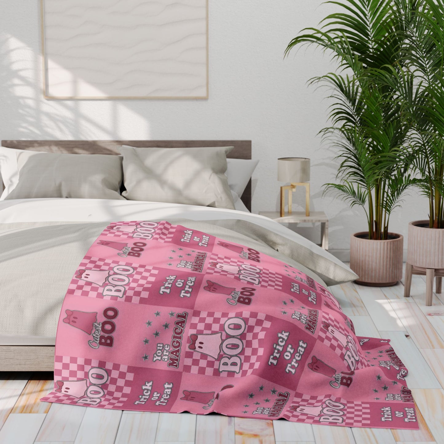 Cutest Boo Pink Ghost Blanket, This soft and fluffy throw features charming ghosties dancing across a playful pink canvas, making it the perfect snuggle blanket for cozy nights in.
