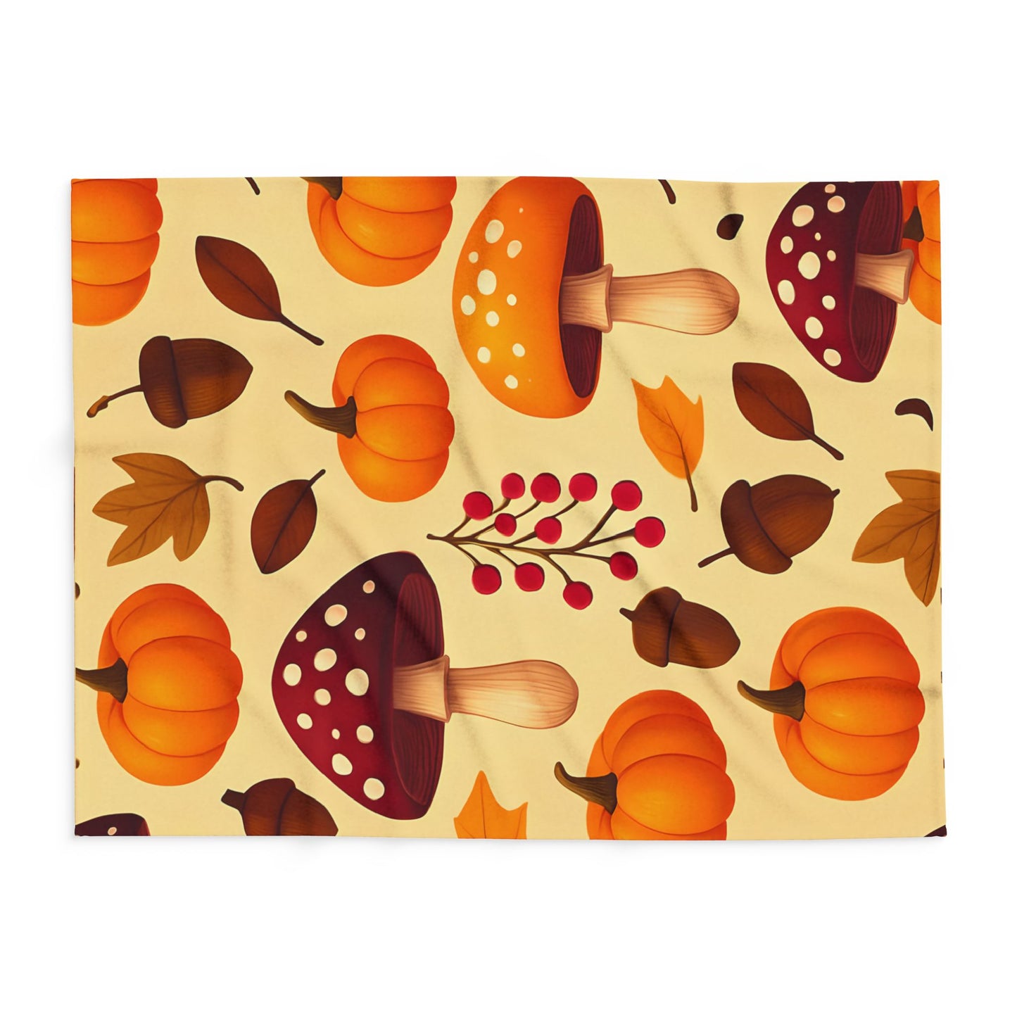 Cozy Autumn Pumpkin Blanket, This plush, cozy fleece blanket captures the essence of the season with its vibrant pumpkin and shroom motifs.