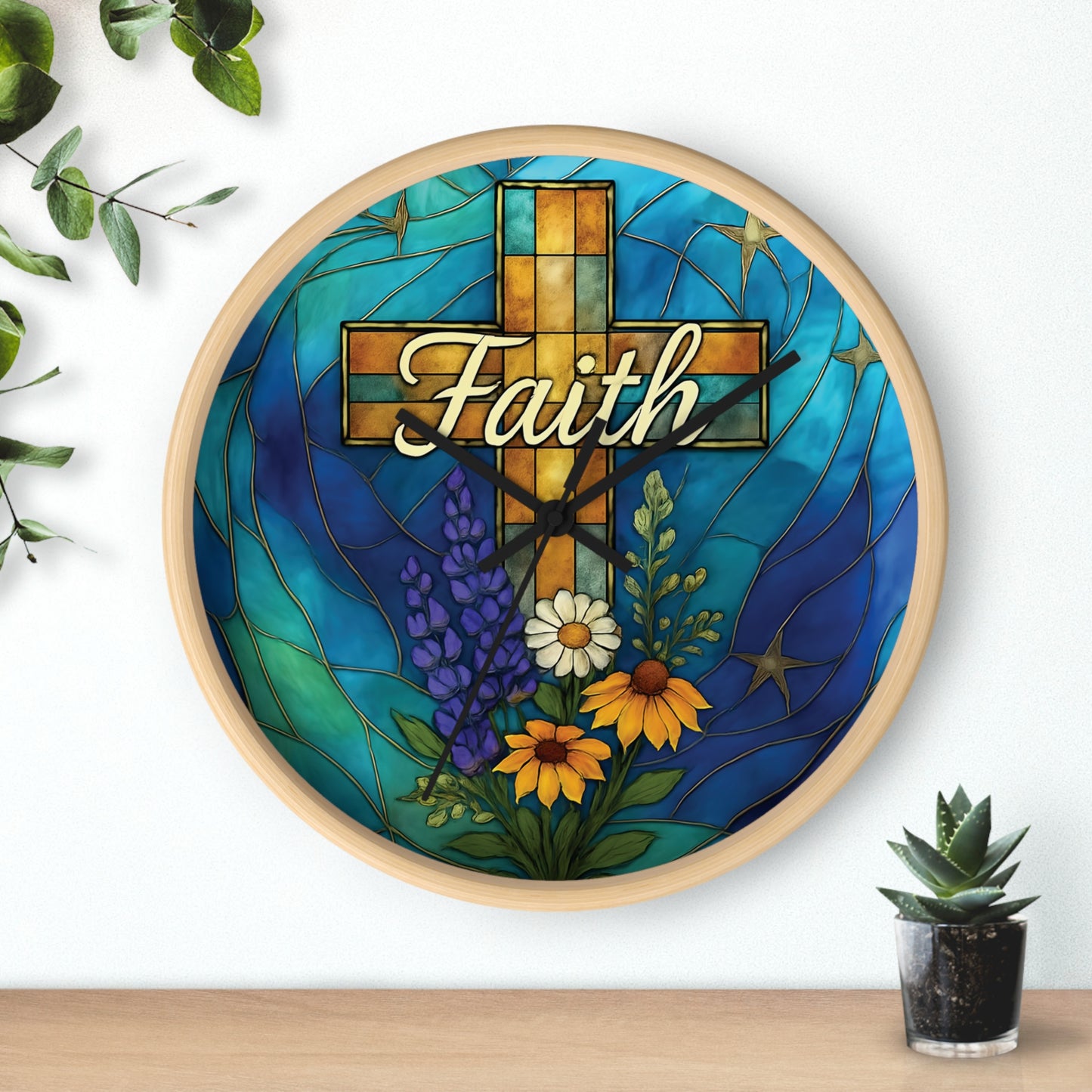 Christianity Faith Cross Stained Glass Effect Wall Clock, Perfect as a Christian clock or as thoughtful Christianity gifts.