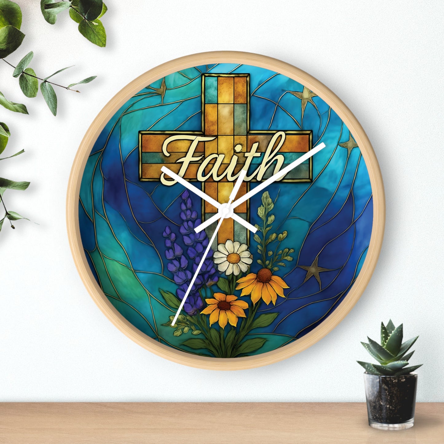 Christianity Faith Cross Stained Glass Effect Wall Clock, Perfect as a Christian clock or as thoughtful Christianity gifts.