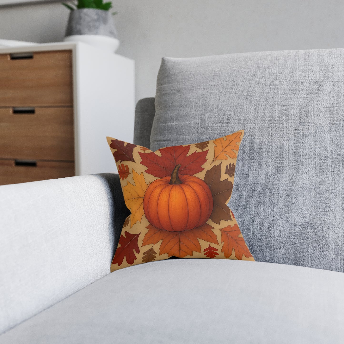 Autumn Leaves and Pumpkin Cushion, This autumn pillow cover captures the essence of "hello autumn" with its vibrant orange tones and delightful pumpkin design.