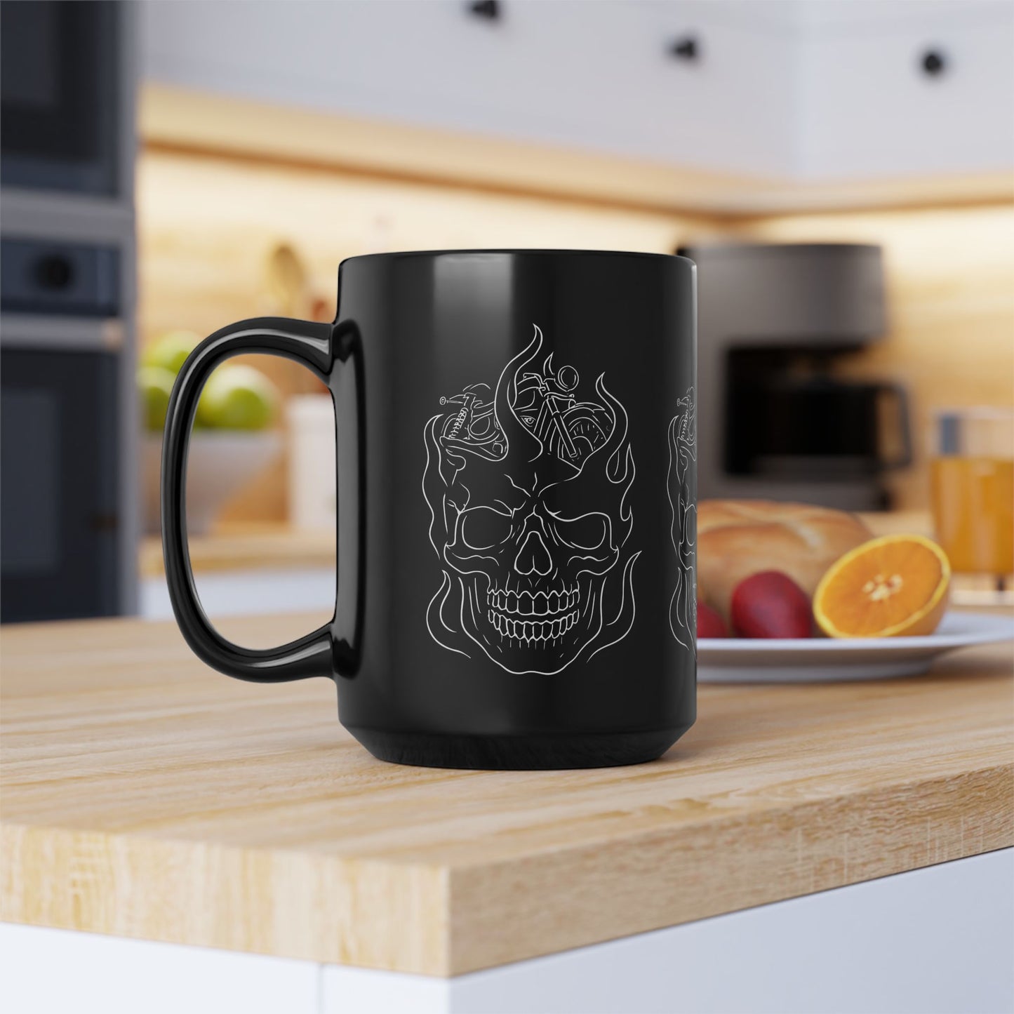 Skull Flame Mug for Riders, This eye-catching skull mug, adorned with vivid skull flames, transforms your usual sip into a fiery experience.