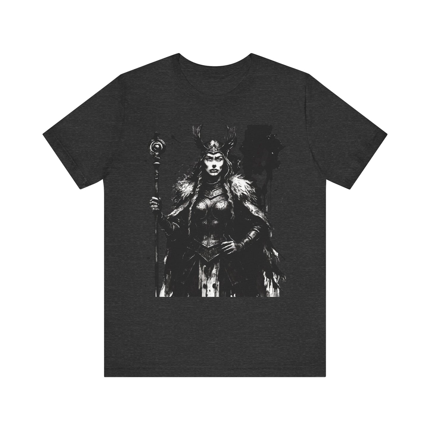 Frigg Norse Goddess T-shirt, captures the essence of Frigg, the revered Norse goddess, renowned in Nordic mythology as the embodiment of foresight and wisdom.