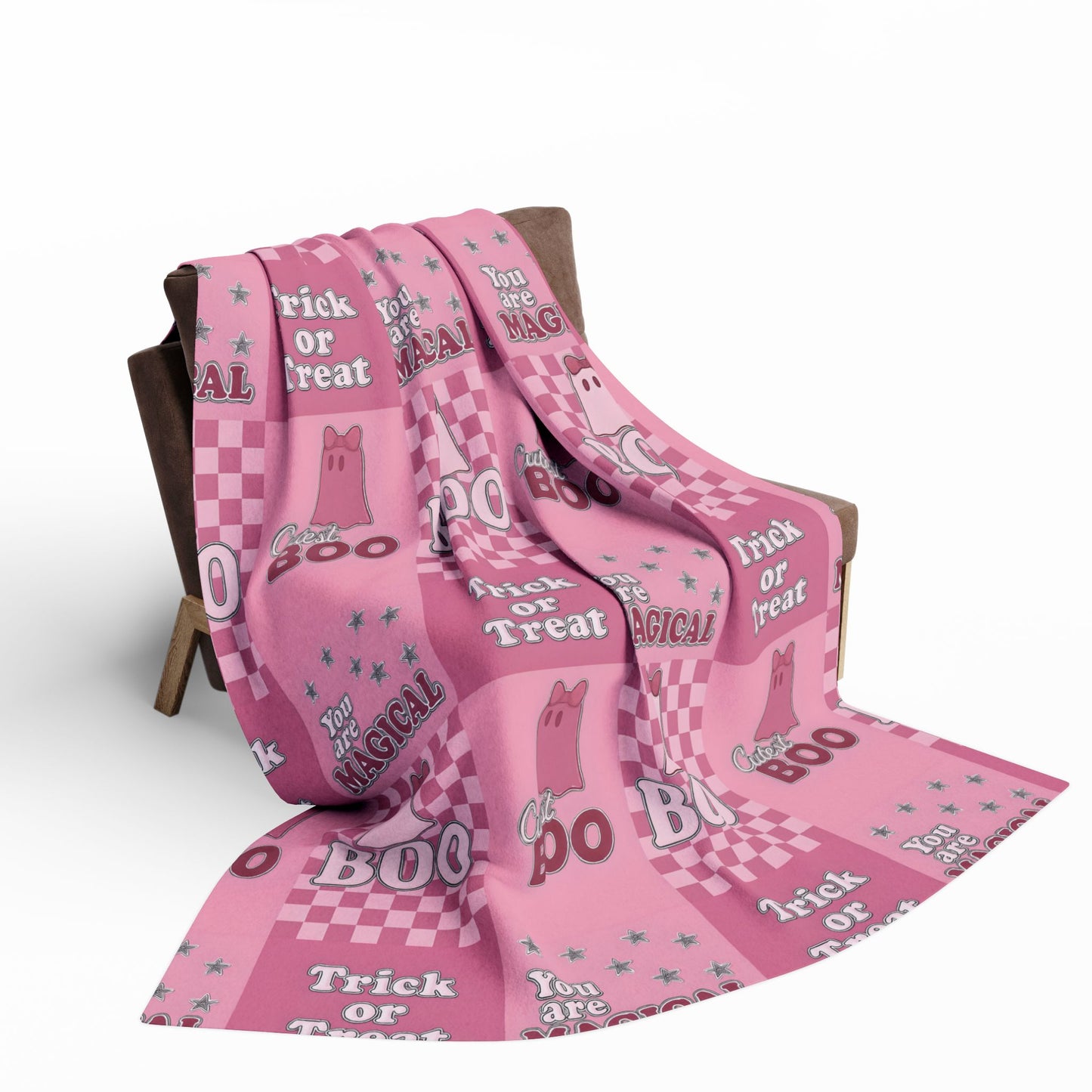 Cutest Boo Pink Ghost Blanket, This soft and fluffy throw features charming ghosties dancing across a playful pink canvas, making it the perfect snuggle blanket for cozy nights in.