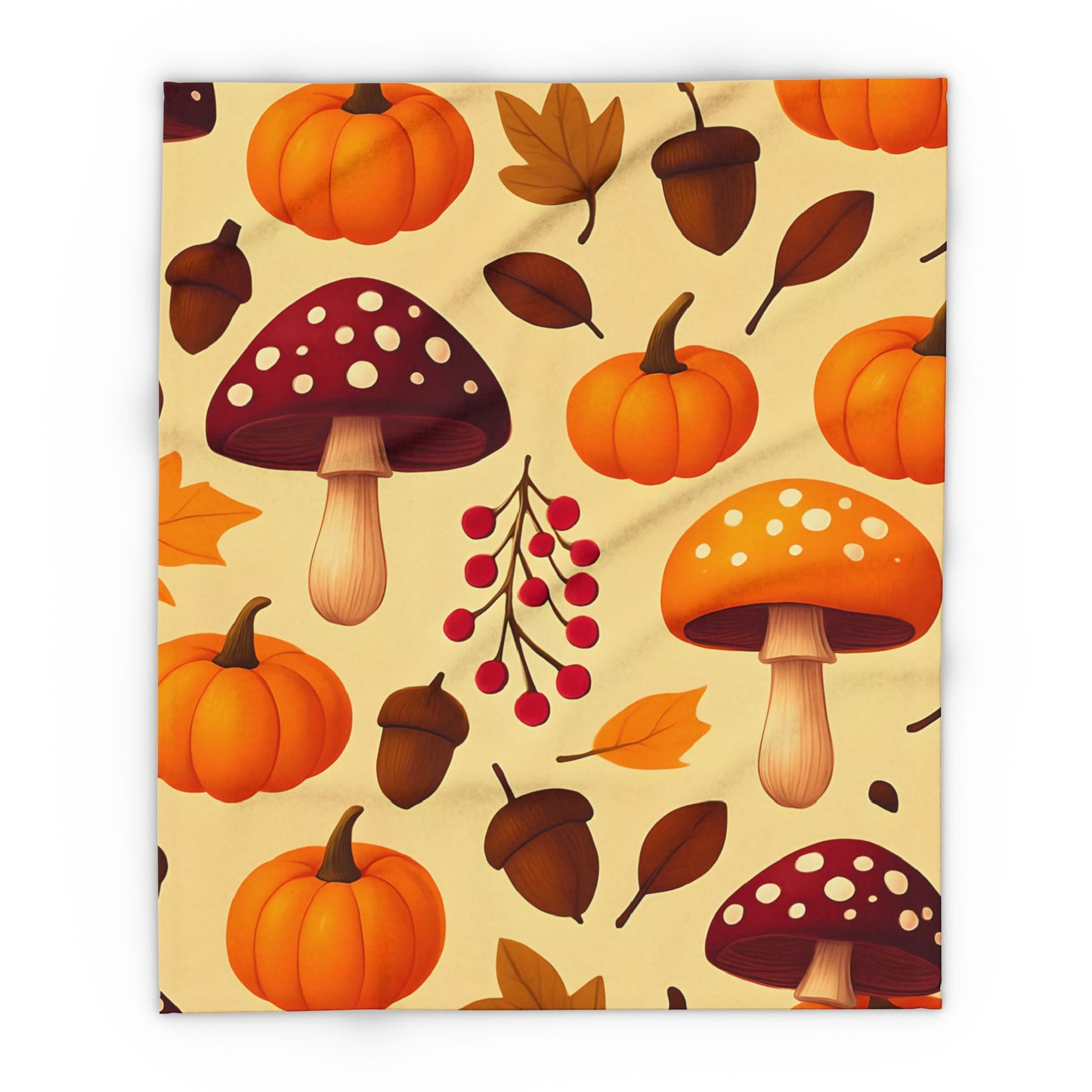Cozy Autumn Pumpkin Blanket, This plush, cozy fleece blanket captures the essence of the season with its vibrant pumpkin and shroom motifs.