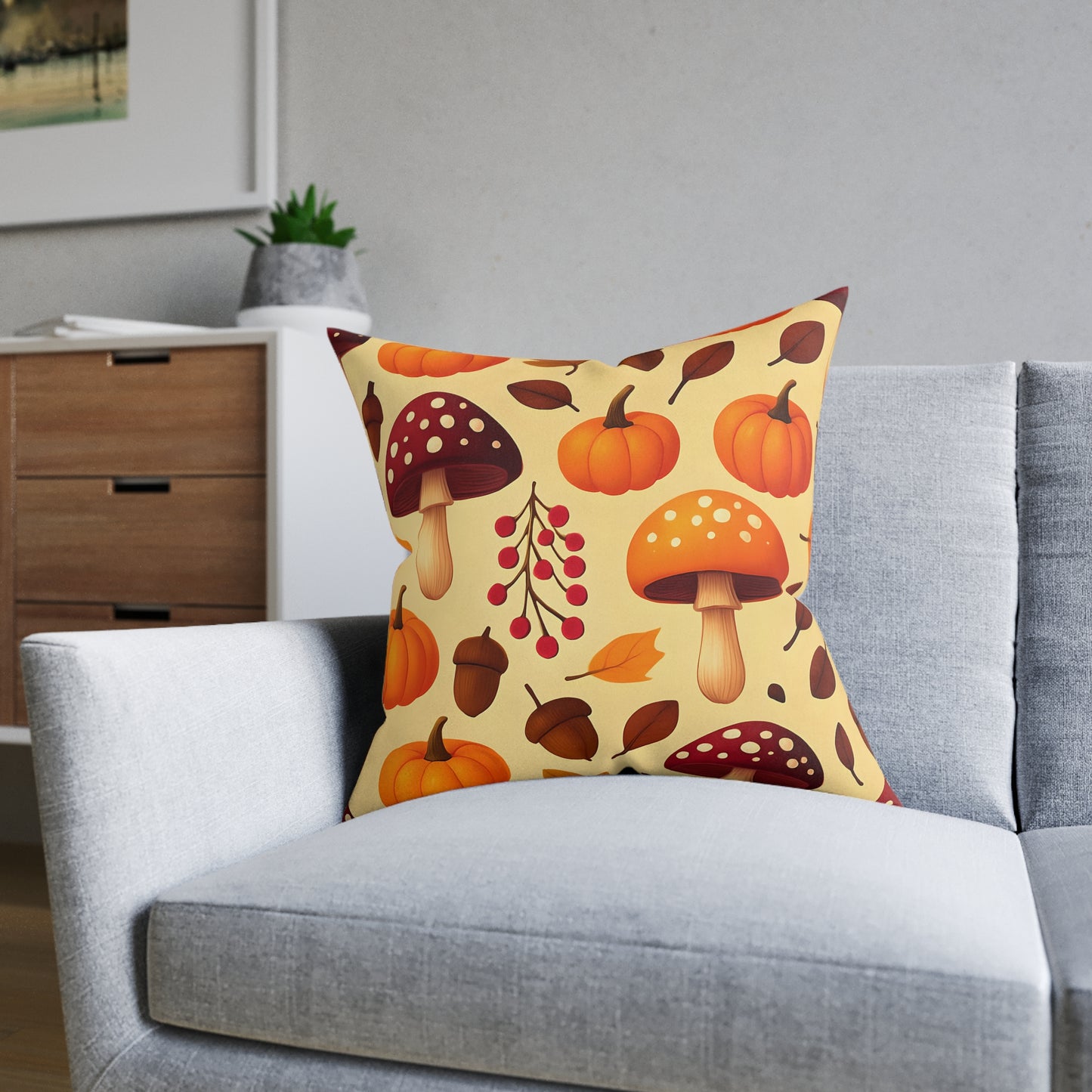 Pumpkin Mushroom Autumn Pillow, with its playful design featuring a cozy pumpkin and whimsical mushroom, perfect for embracing Hello Autumn.
