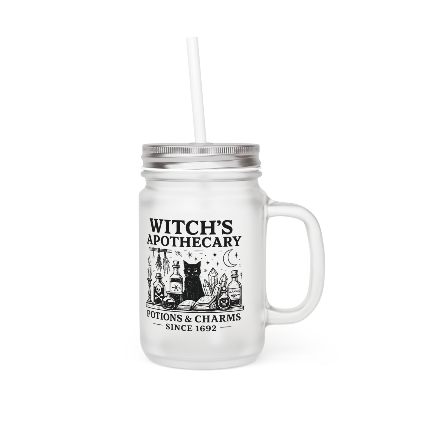 Frosted Glass Mason Jar, Witch Apothecary Design, Mason Jar with Straw, Eco Friendly Witchy Cup, Witchy Gifts for Her,Witchcore Cup