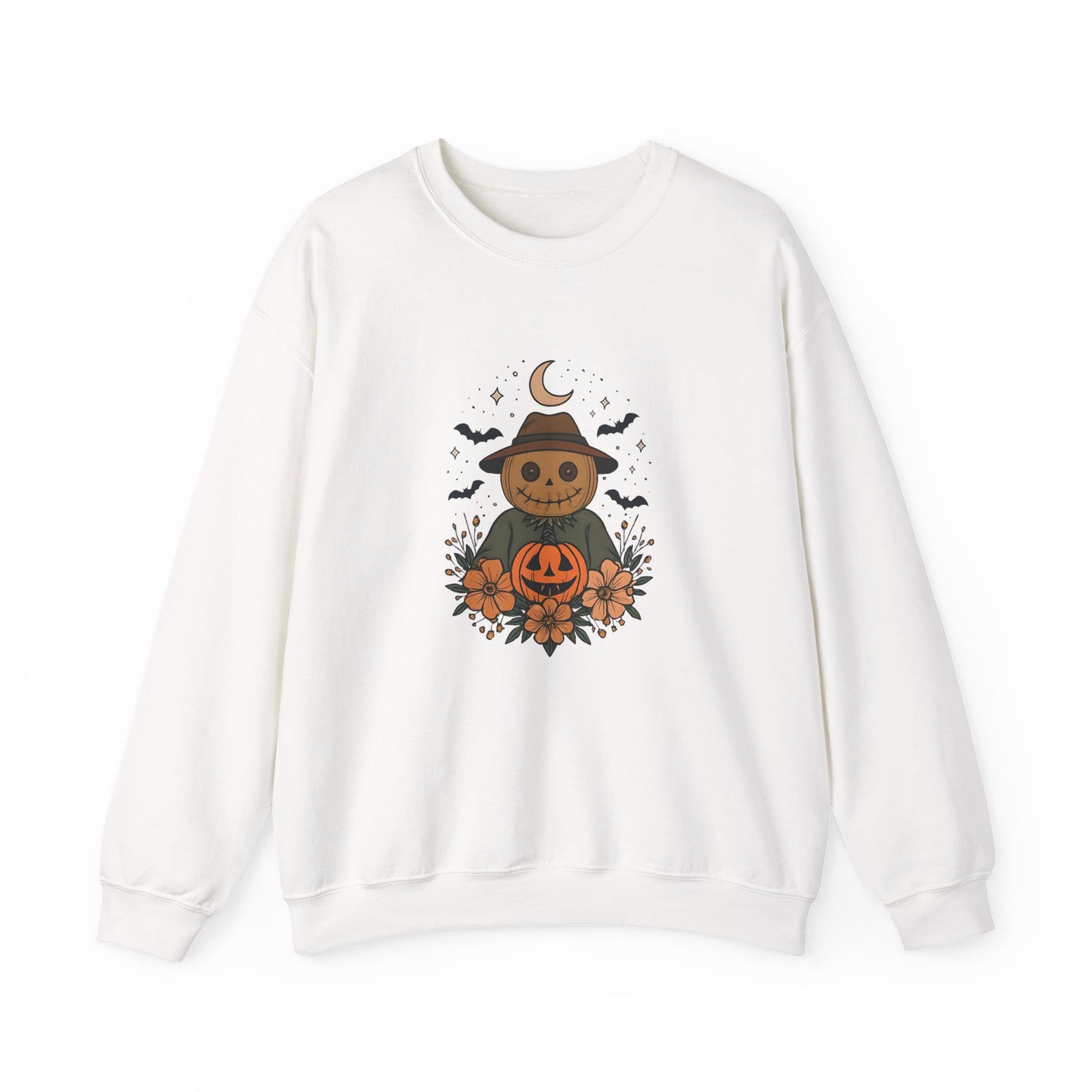 Cozy Halloween Sweatshirt with Scarecrow Design, The playful design featuring a whimsical scarecrow and autumnal elements creates a cheerful vibe, perfect for adding a festive touch to your wardrobe.