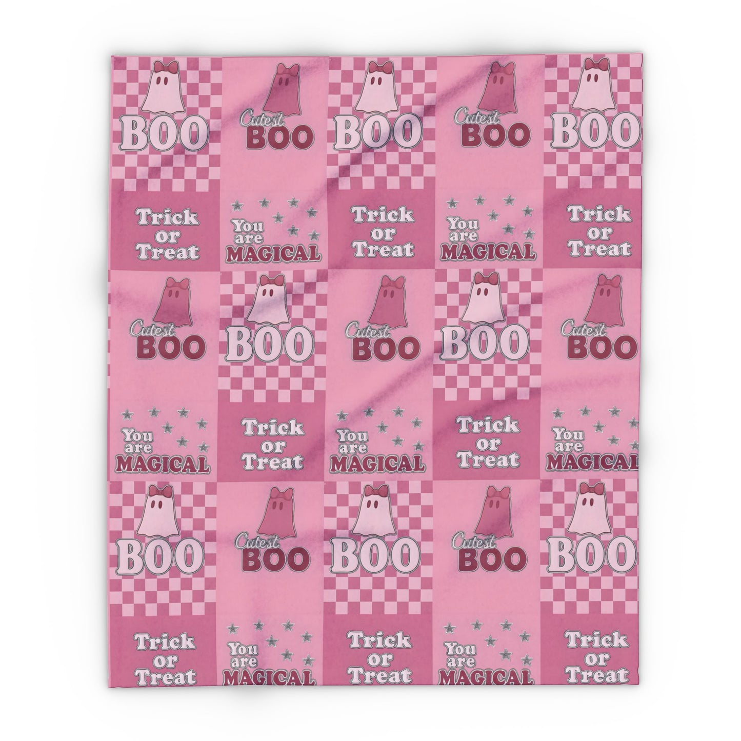 Cutest Boo Pink Ghost Blanket, This soft and fluffy throw features charming ghosties dancing across a playful pink canvas, making it the perfect snuggle blanket for cozy nights in.