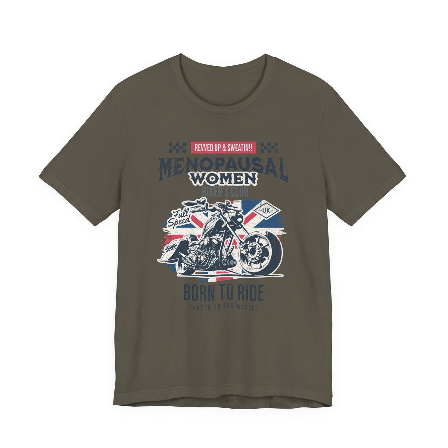 Menopausal Women's Biker Club T-Shirt, Menopause Humor Shirt, Female Biker Tee, Motorcycle Mom Gift, Moto Mama Shirt, Union Jack, Biker Babe