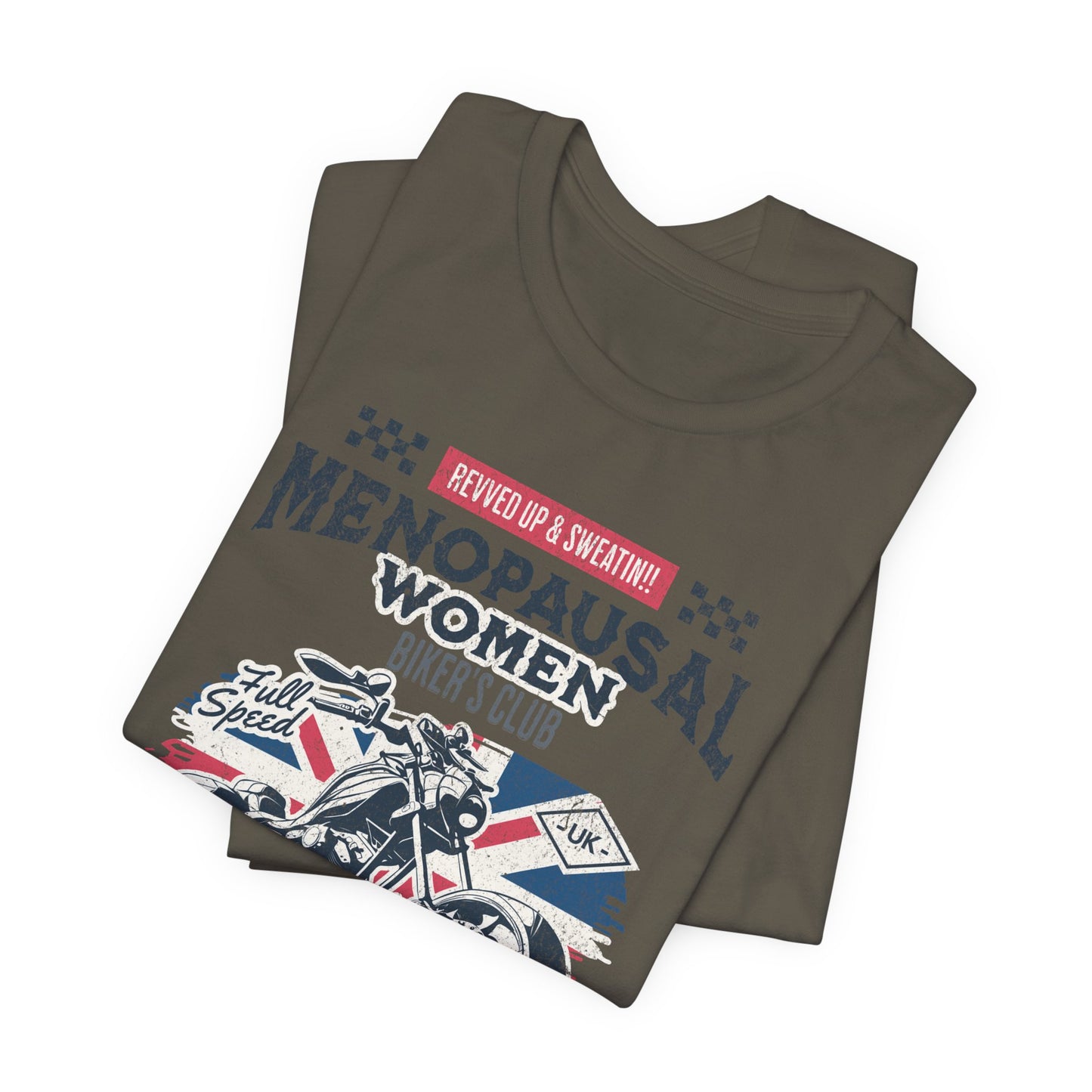 Menopausal Women's Biker Club T-Shirt, Menopause Humor Shirt, Female Biker Tee, Motorcycle Mom Gift, Moto Mama Shirt, Union Jack, Biker Babe