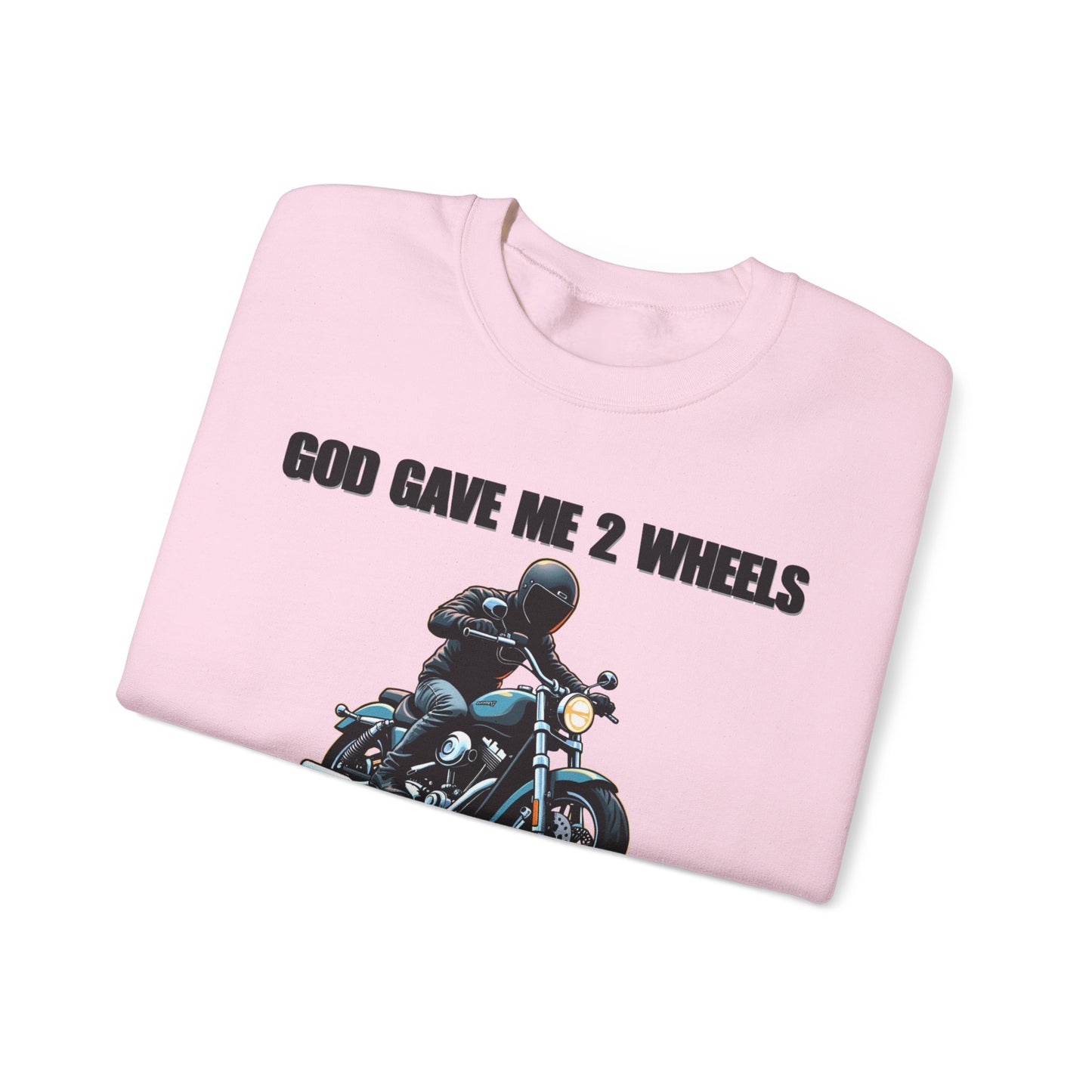 God Gave Me 2 Wheels Sweatshirt, The light-hearted motorcycling-themed graphic adds a fun twist, making it the perfect companion for casual outings or bike rides.