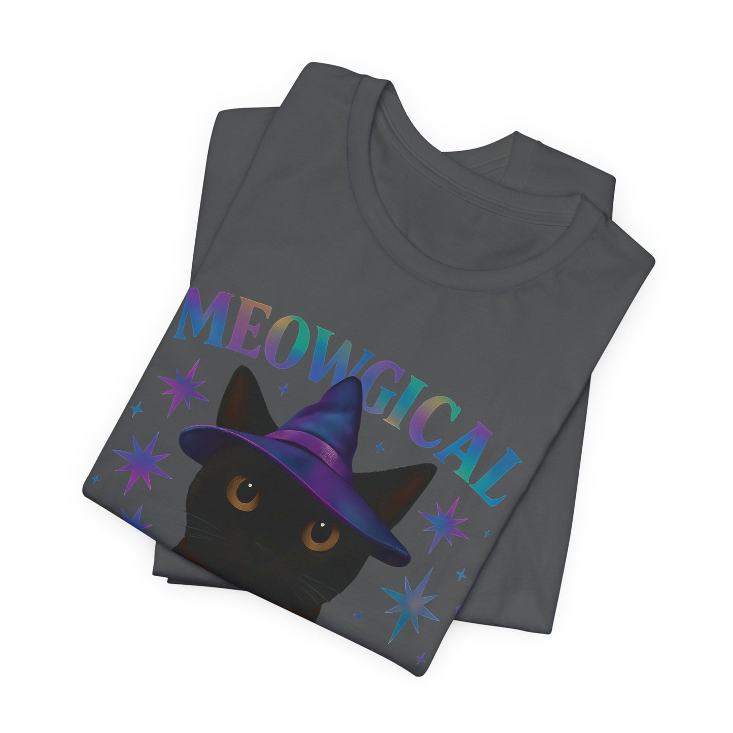 Meowgic Witch, This tee captures the essence of magical cat allure with its holographic cat design, bringing the bewitching appeal of black cats magic straight into your wardrobe