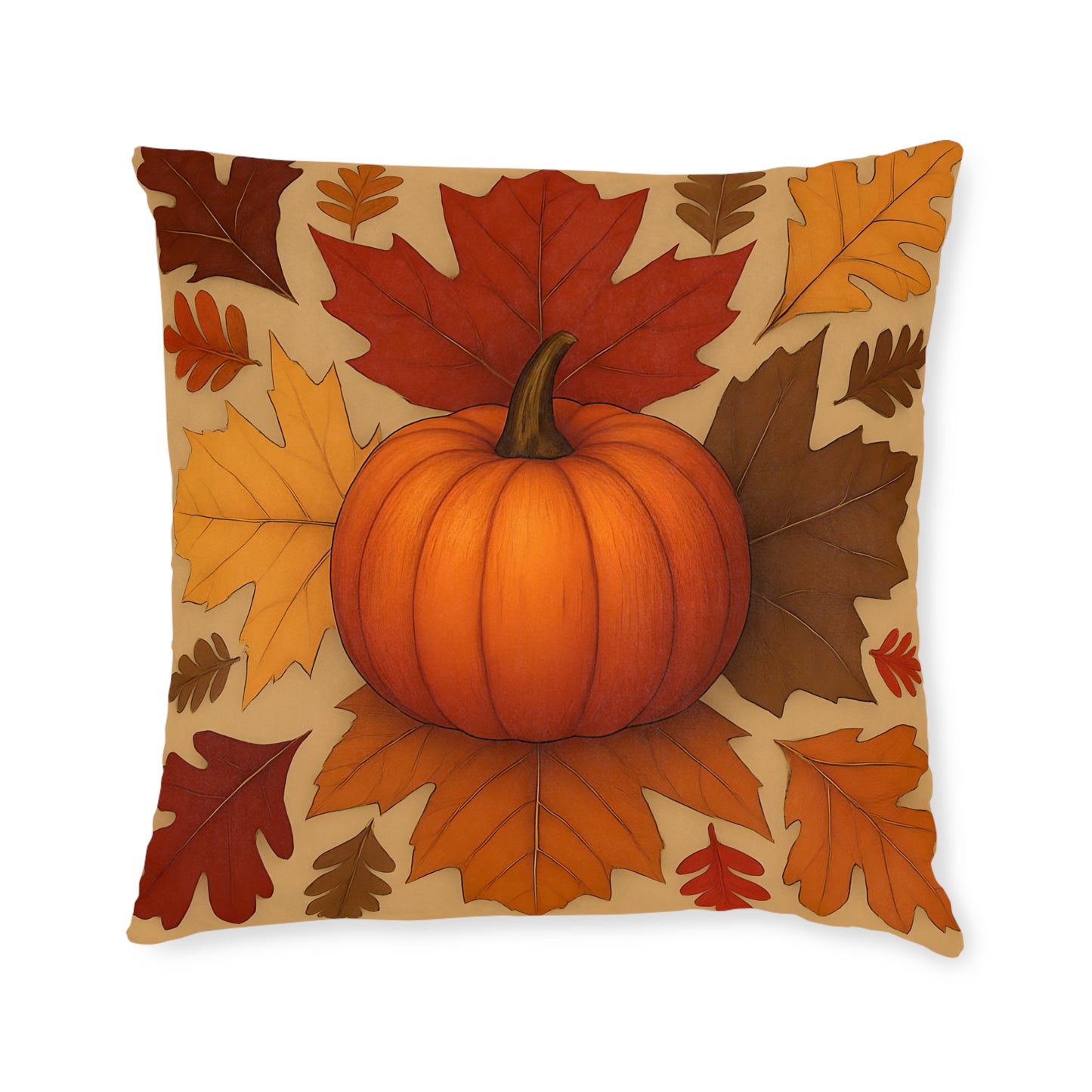 Autumn Leaves and Pumpkin Cushion, This autumn pillow cover captures the essence of "hello autumn" with its vibrant orange tones and delightful pumpkin design.