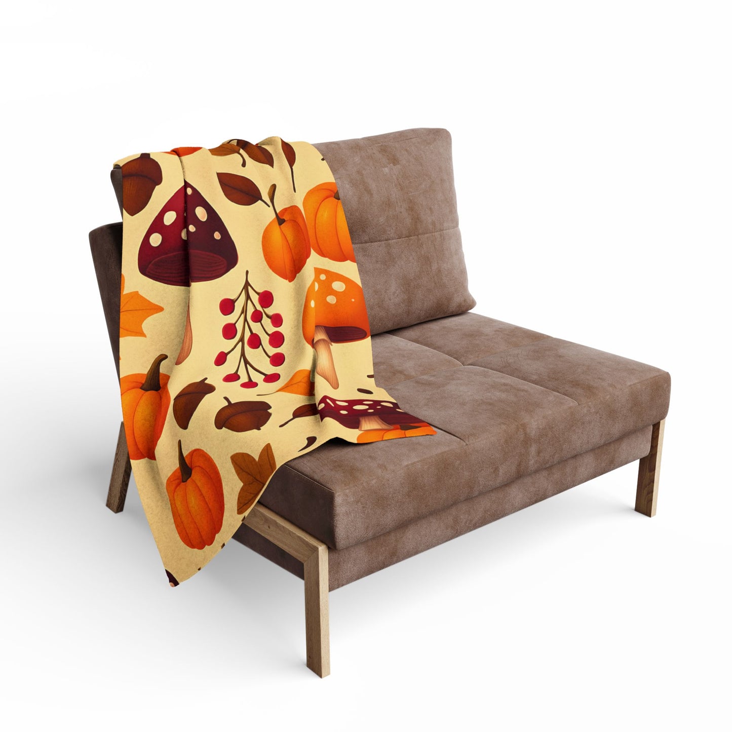 Cozy Autumn Pumpkin Blanket, This plush, cozy fleece blanket captures the essence of the season with its vibrant pumpkin and shroom motifs.