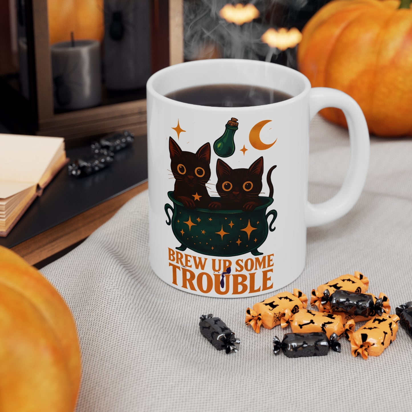 Brew Up Some Trouble Cat Mug, This enchanting black cats coffee mug is a spellbinding addition to your morning routine, ,cat dad