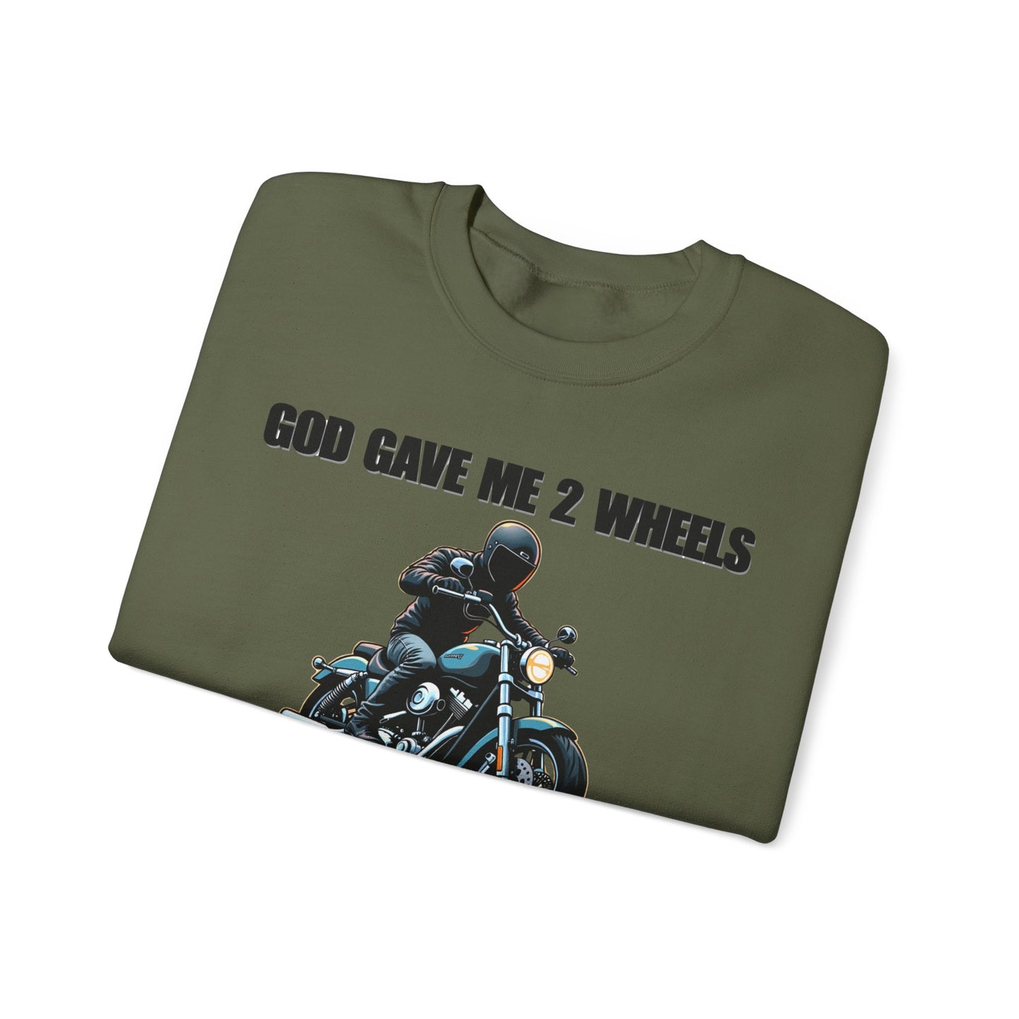God Gave Me 2 Wheels Sweatshirt, The light-hearted motorcycling-themed graphic adds a fun twist, making it the perfect companion for casual outings or bike rides.